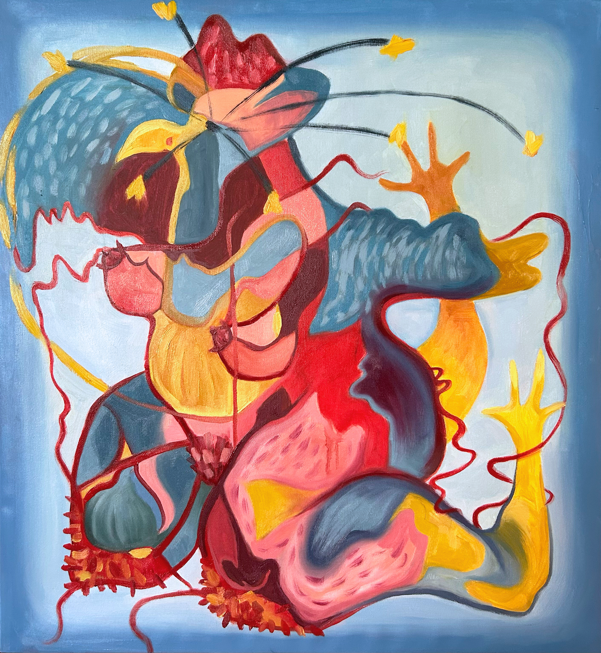 “Head Losing Chicken” oil, charcoal and pastels on canvas 70 x 65 cm  2023