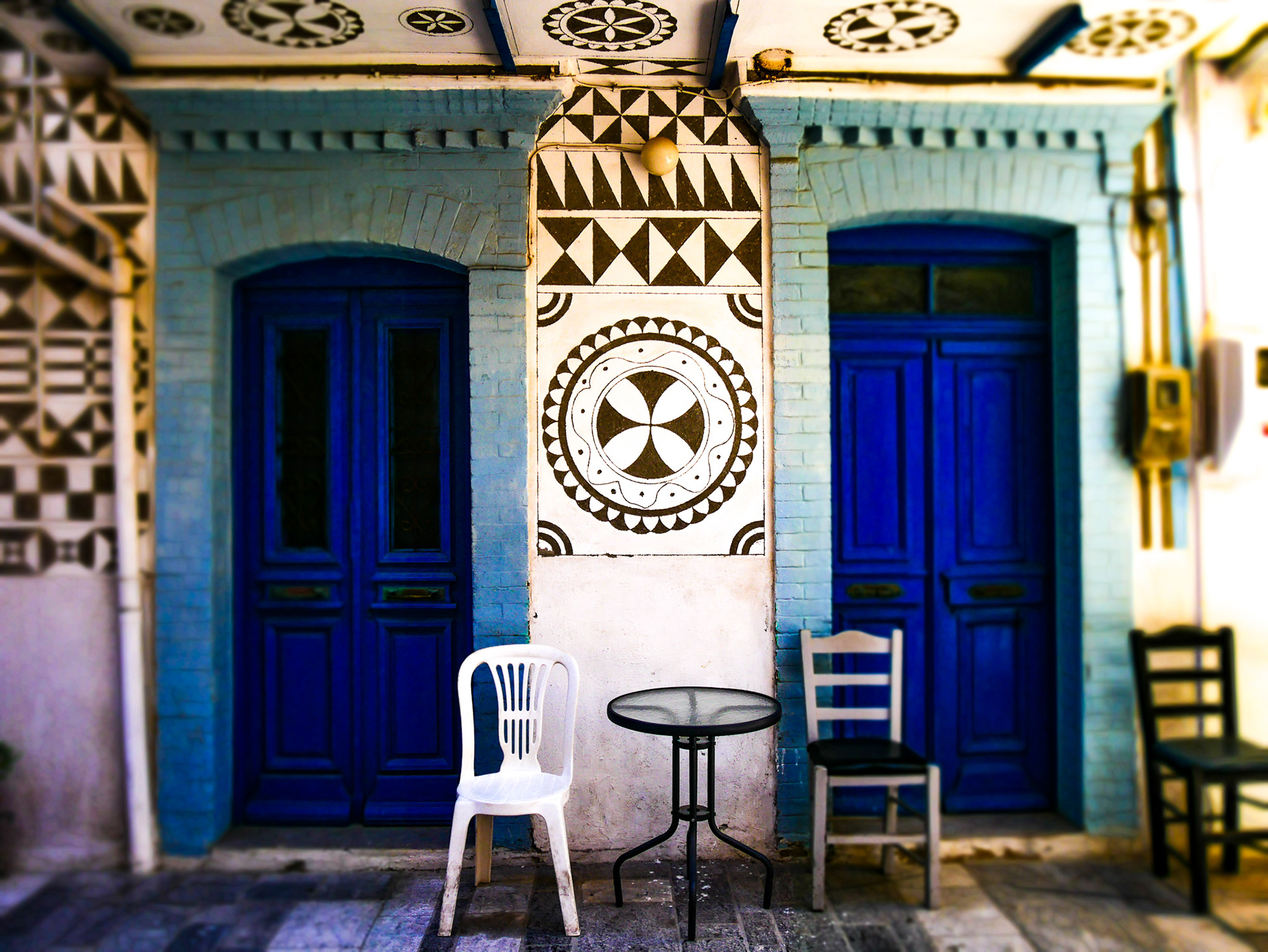 Painted doors and xysta, geometrical designs scratched into the walls of the village of Pyrgi in Chios.