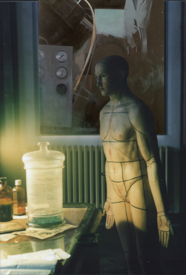 Detail of the installation with a vintage medical mannequin