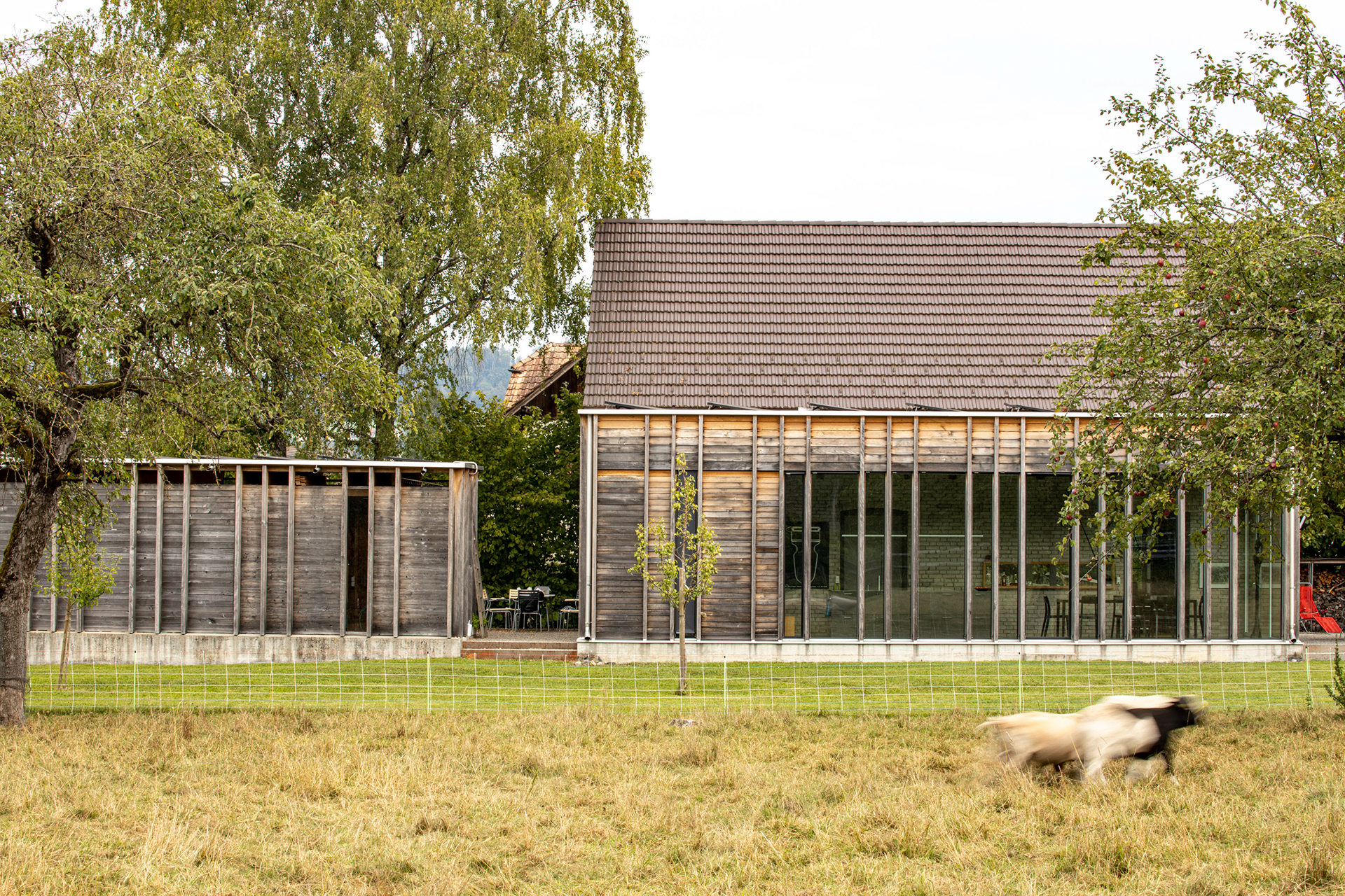 MKPHOTO, Architekturfotograf aus Aarau, Umgebaute Werkstatt in Gontenschwil,  Südfassade  mit Küche und Essbereich.