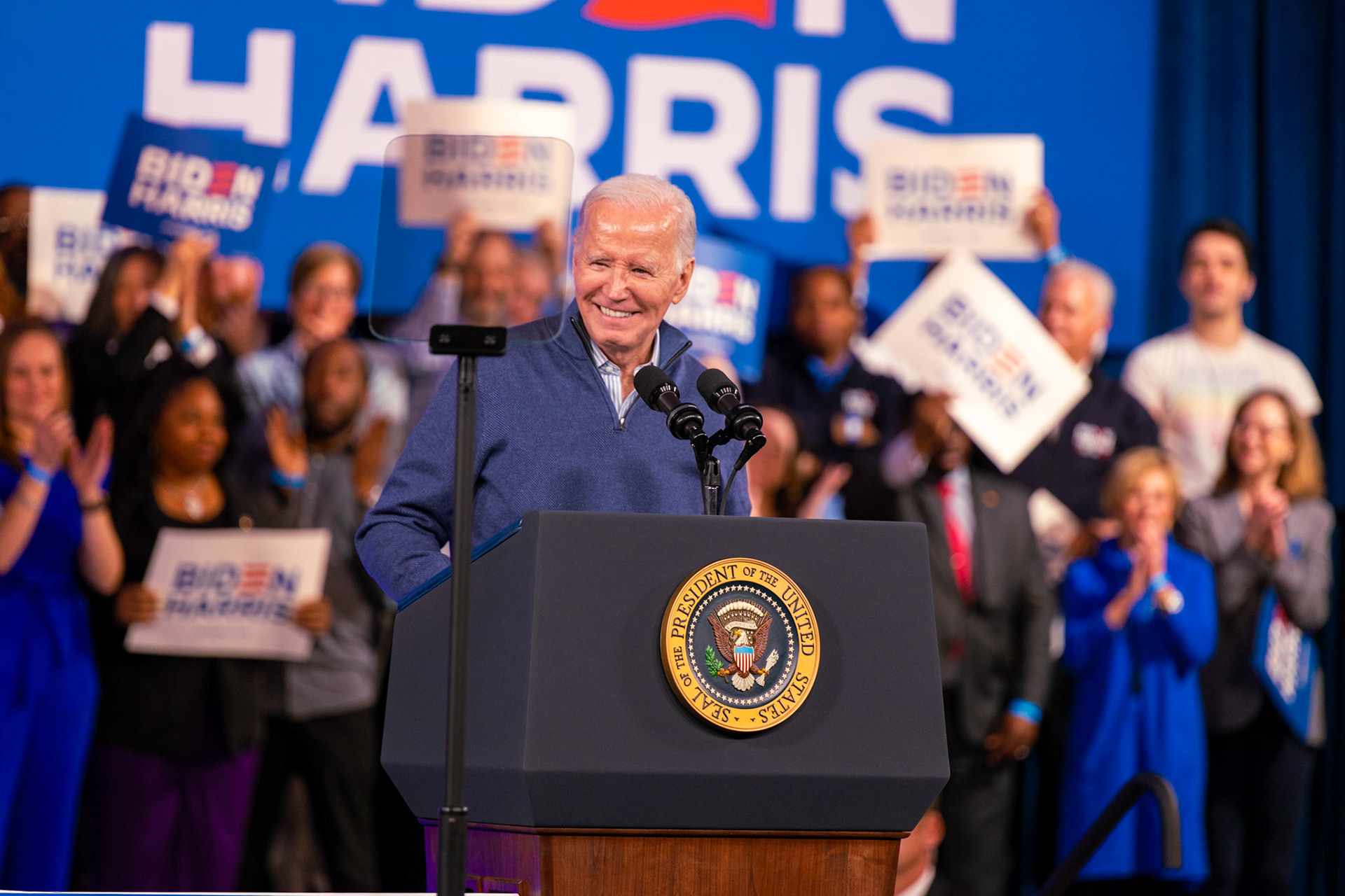President Joe Biden speaks at his campaign reelection event in the gymnasium at Strath Haven Middle School in Wallingford, PA on the evening of March 8, 2024.
