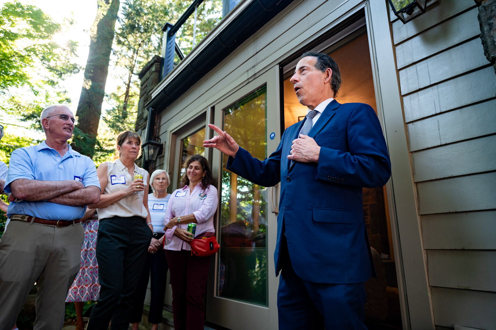 Maryland's 8th congressional district representative Jamie Raskin delivers a speech at a backyard political fundraising event in Swarthmore, PA on Sept. 15, 2024. For the Swarthmorean