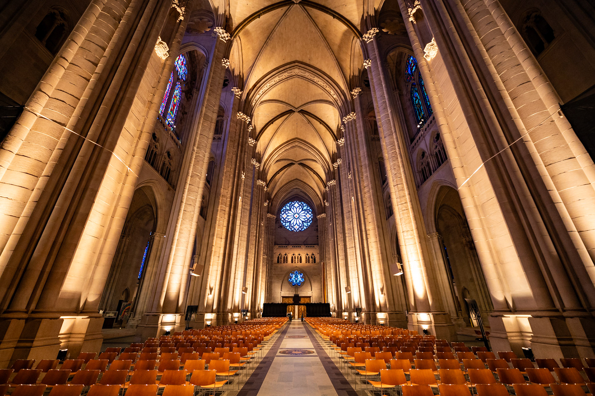 Interior view of the nave of St. John the Divine Cathedral facing East towards the Altar. The 300-foot nave was completed in 1939, an annexed portion of the crossing, after the church secured funds from various fundraising projects. Oct. 5, 2024.