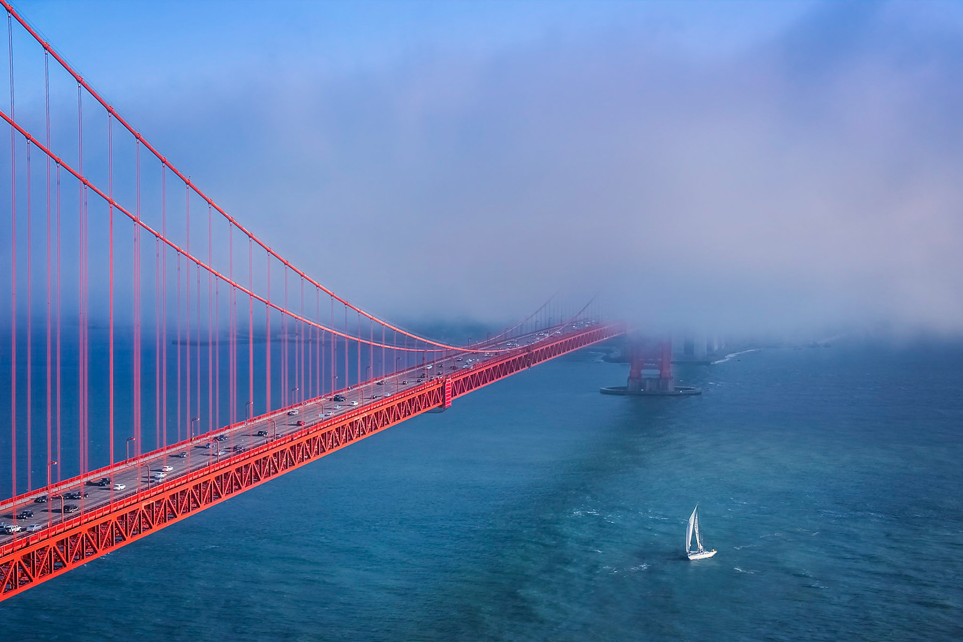 Sailing in the Fog Under the Golden Gate Bridge (California)