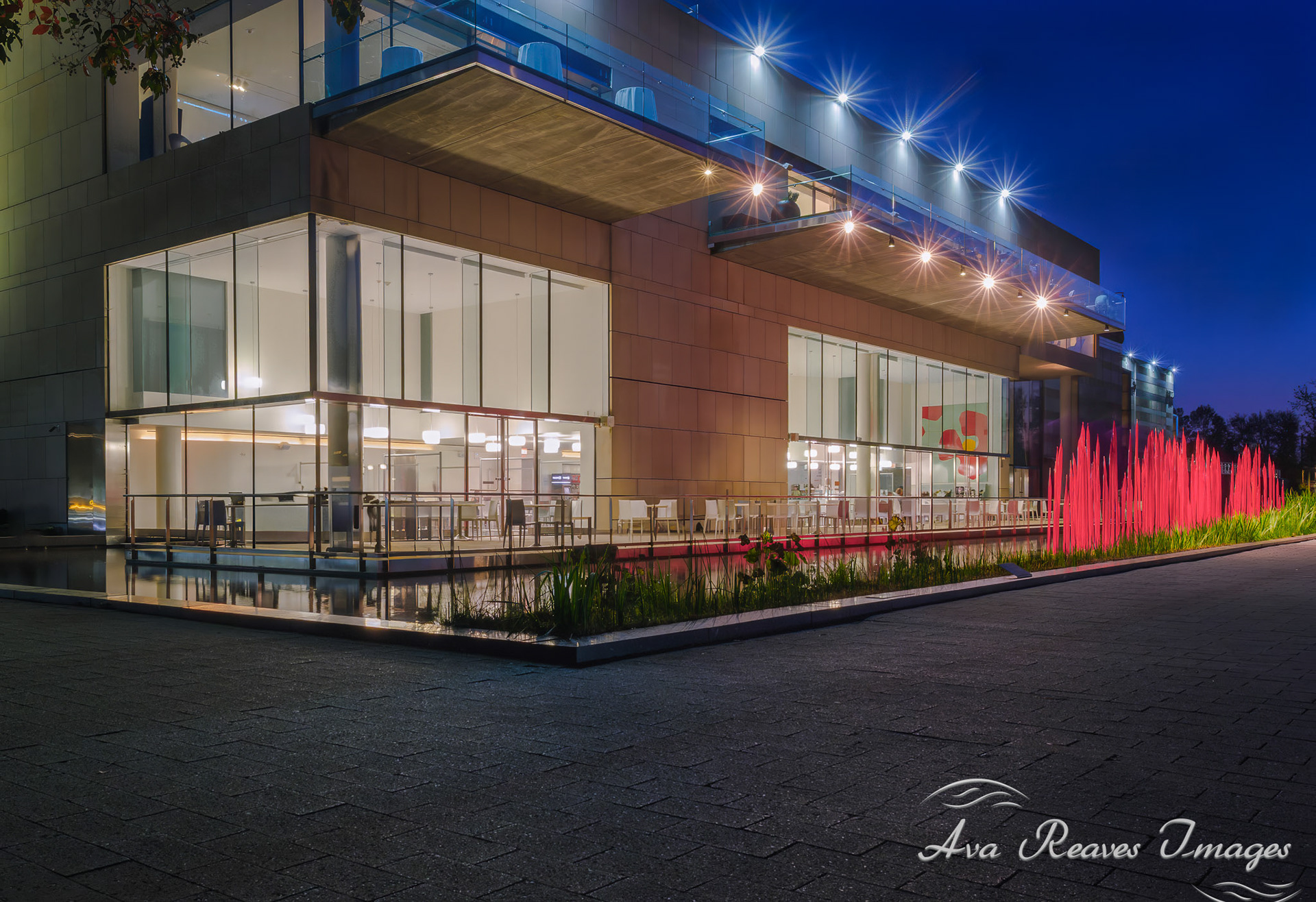 The Virginia Museum of Fine Arts modern exterior lit up at twilight with a reflecting pool and glowing red reeds.