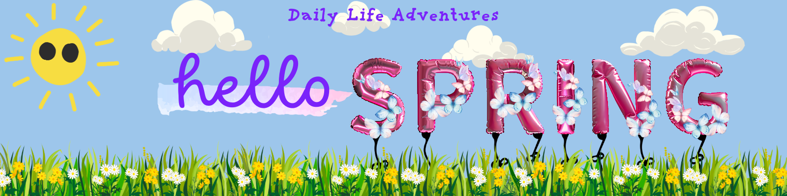 Daily Life Adventures hello Spring - simple drawing of a sun over a field of flowers.