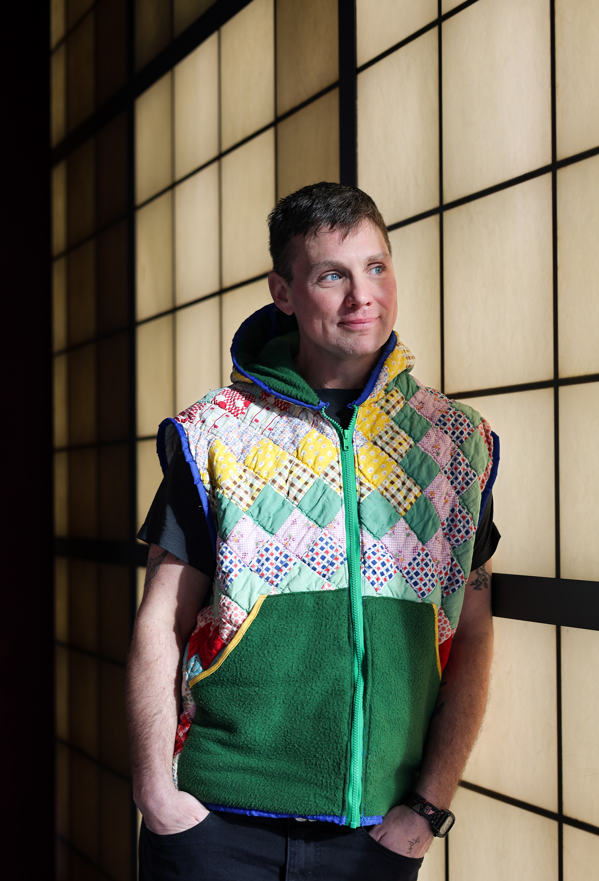 Travis, He/They. . “I pulled my father's abandoned acoustic guitar out of his closet when I was 14. At the time, I was into heavy metal and grunge. My first band was called Phlegm Sandwich, and we mostly played Nirvana covers at the Bucksport High School talent show. After I graduated from UMF, I moved to Boston and joined a queer punk/noise band called Pornbelt. Over the next few decades, I was a part of many groups, from old-time/contra to costumed cover bands. Whenever I would move to a new city, I would immediately start looking for people to play music with.  After returning to Maine in 2019, I wanted to get a queer punk or old-time band together. I started to give up on it until I met a bass player who wanted to play both! After we found our front person, it came together. Many years ago, I tried to start a band called Queer Beach, named after a lesbian pulp-fiction novel from the 60's.That band didn't take off, but I always hoped I'd be able to use the name again. When we were trying to decide a name for our current band, my bandmate said what about Queer Beach!?! I couldn’t believe it! Amidst the political nightmare, Queer Beach and teaching quilting classes in Portland and Westbrook bring me immense joy and keeps me focused on my friends and community.”