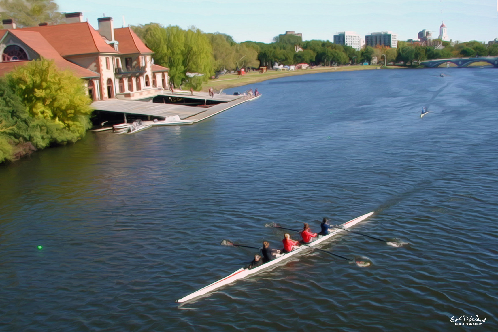 Charles River Scullers 2: printed on canvas, with 1/4 inch light brown frame, 24"x16"