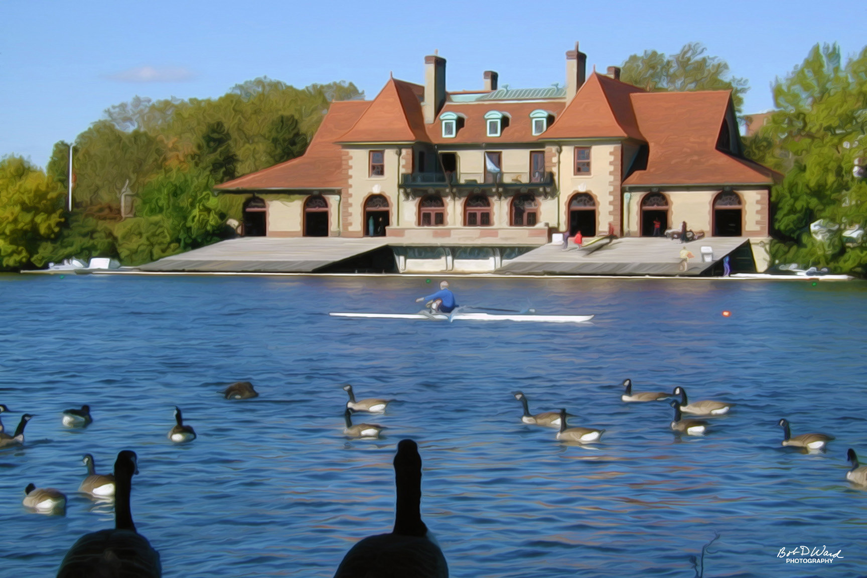 Charles River Scullers 1: printed on canvas, with 1/4 inch light brown frame, 24"x16"