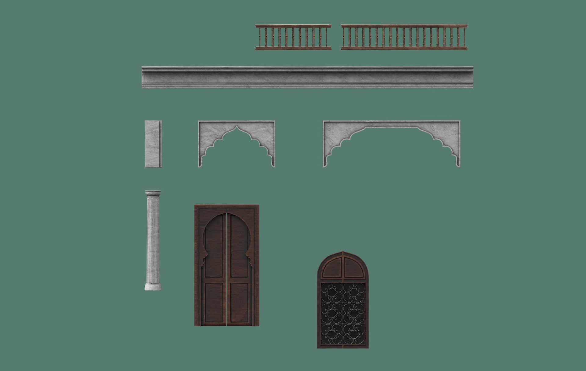 Arches, rails, column, door, and window