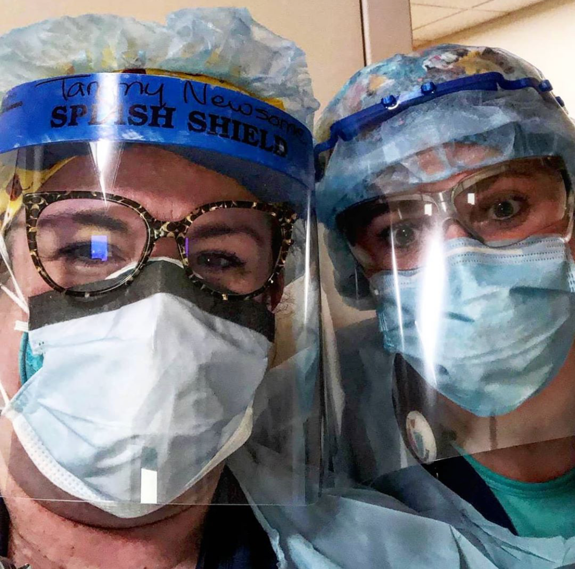 Nurses at UMass MedicalCenter, one wearing a 3D printed face shield