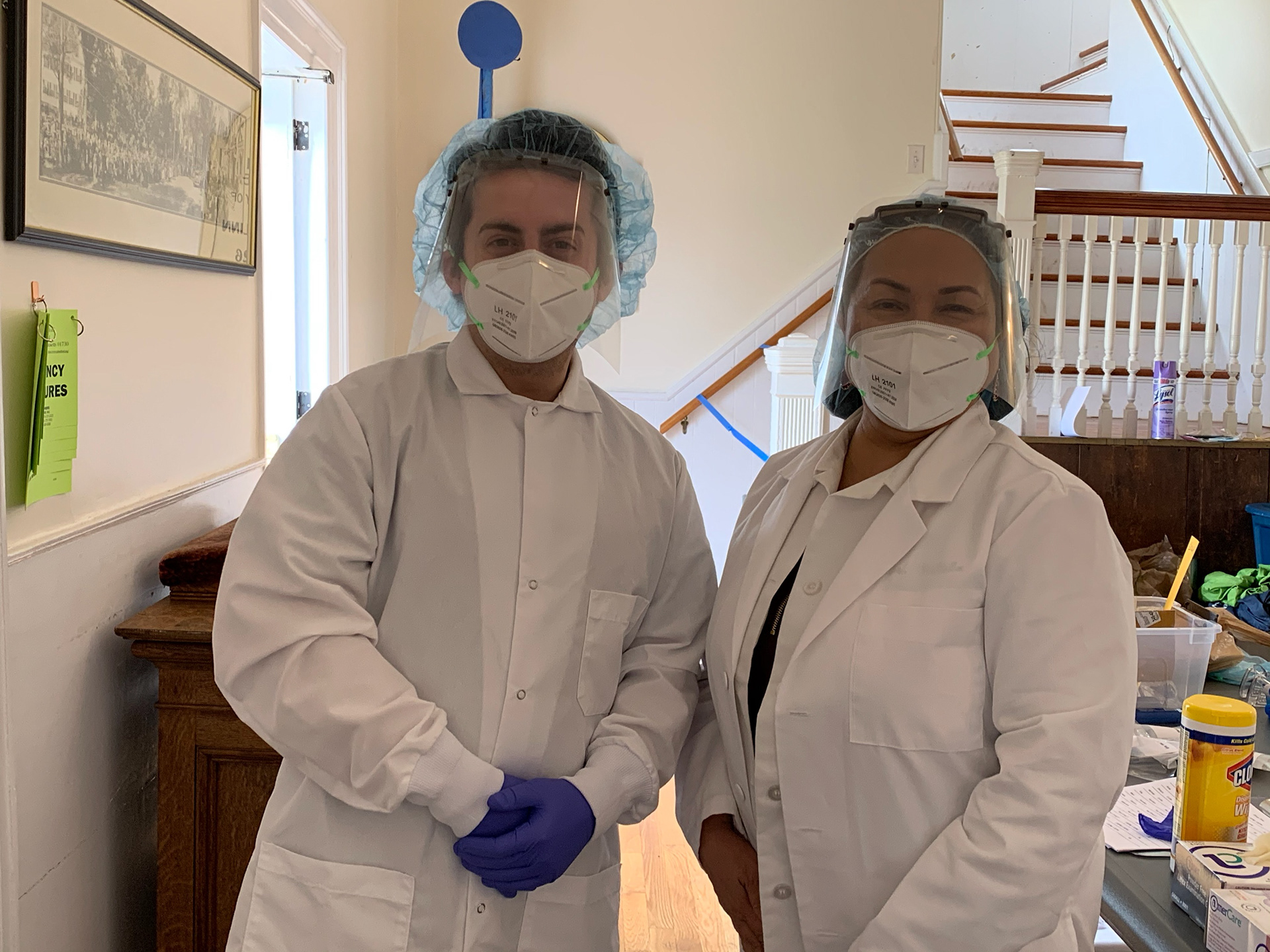 Staff at the Bedford Research Foundation COVID-19 Testing Clinic wearing face shields