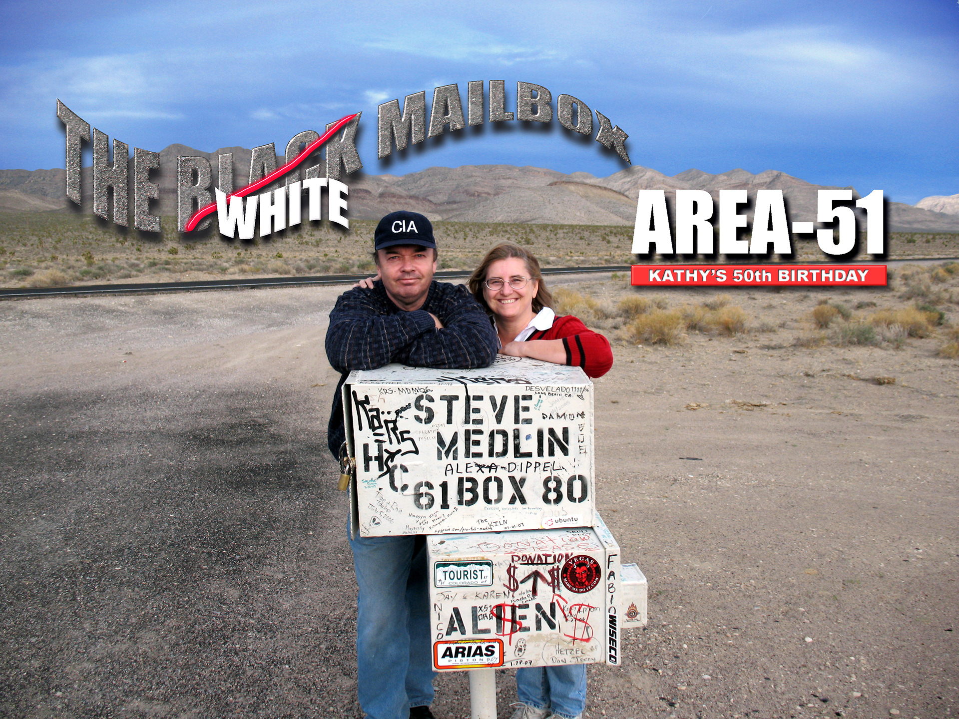 Jon and Kathy Dize at AREA 51, The White Mailbox (Used to be the Famous Black Mailbox, but owner Steve Medlin sold the original on Ebay)