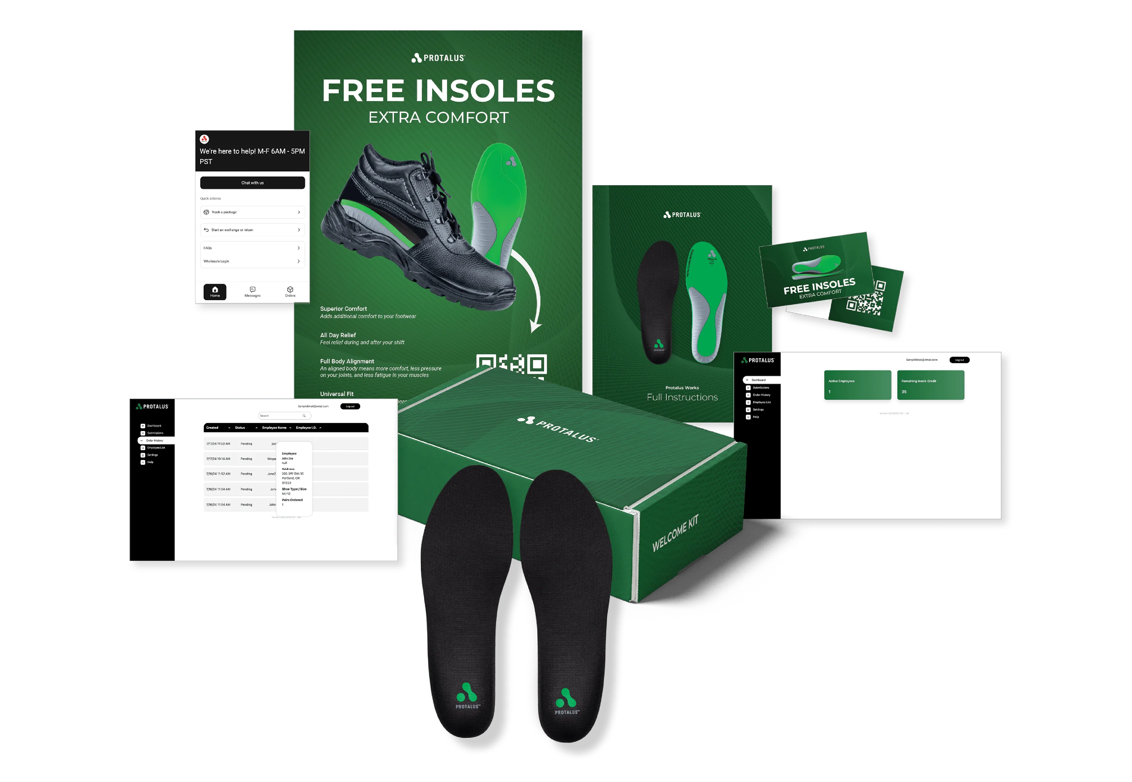 A branded product display for Protalus Works B2B. The image shows a full set of marketing and packaging assets including a green insole welcome kit box, instructional booklet, trade show poster featuring a work shoe and insole, product inserts, business cards with QR codes, two black and green insoles, and screenshots of the digital dashboard interface. All elements use a consistent green-and-black brand palette and clean modern design.