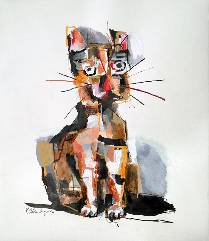 "Cat" (2026) 15x18 inches ink, acrylic, pastel, oil pastel, water color on Hahnemuhle paper