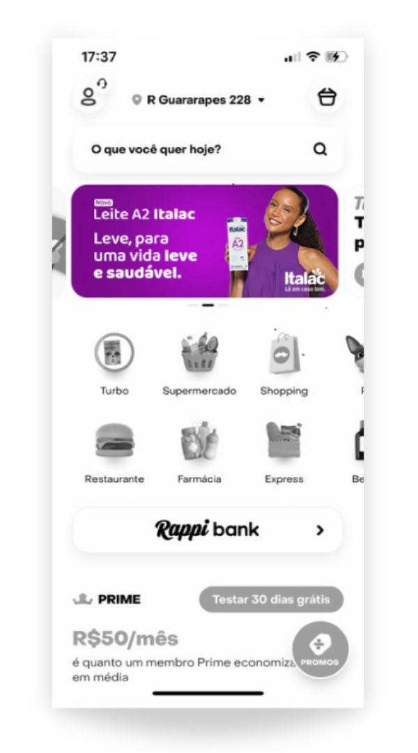 Parcerias com Marketplaces – iFood, Rappi e Daki Na compra do Leite A2 Italac, sempre é exibido um banner informativo destacando os principais benefícios do produto, além de oferecer um desconto especial para o consumidor.