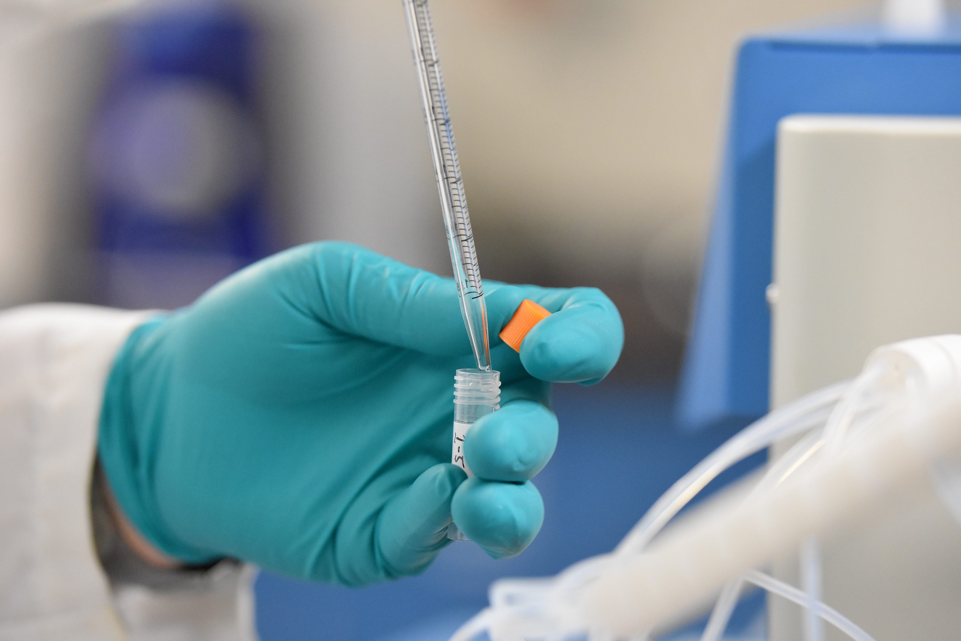 Close-up of a pipette transferring liquid into a vial