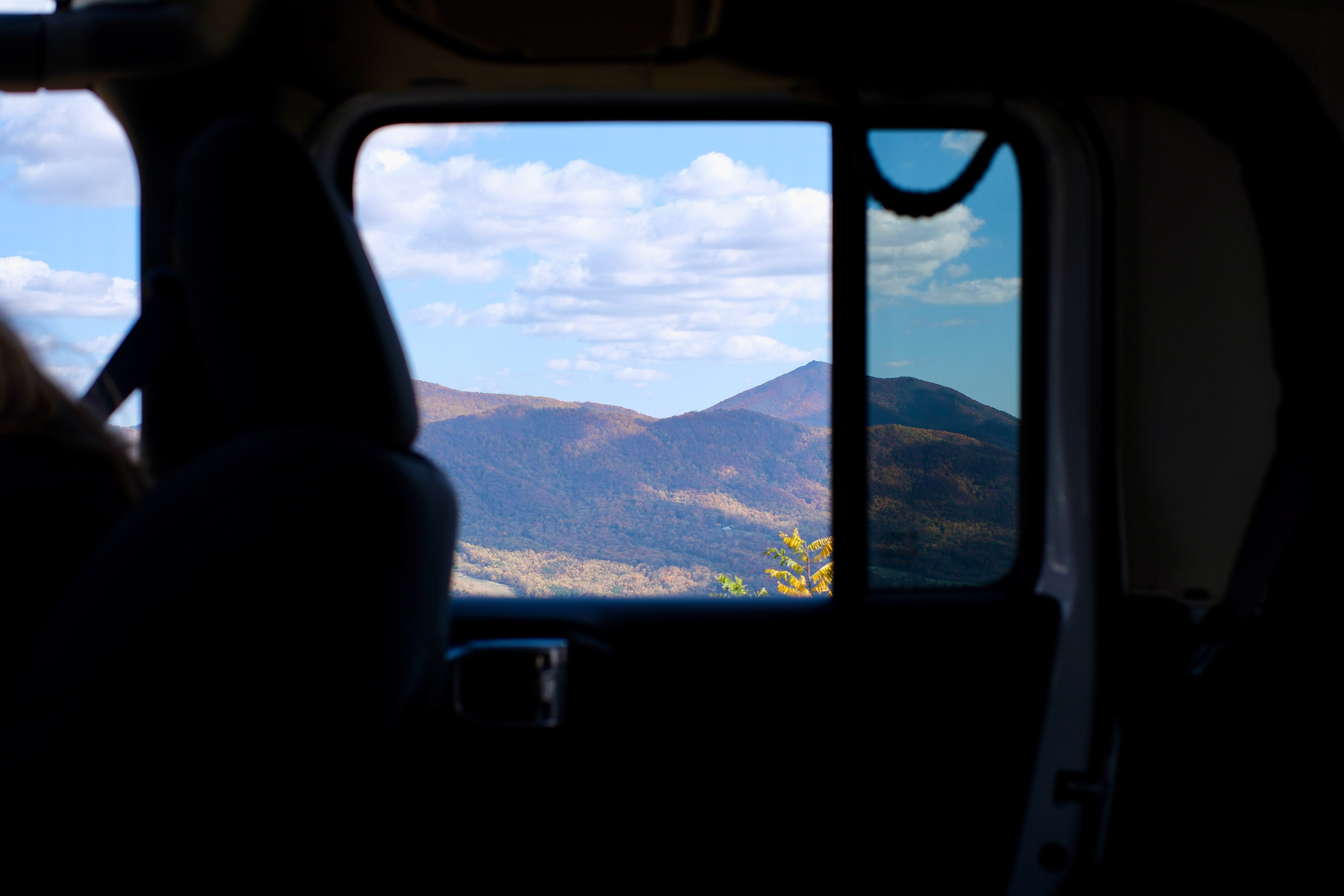 The Blue Ridge Mountains through a Jeep window