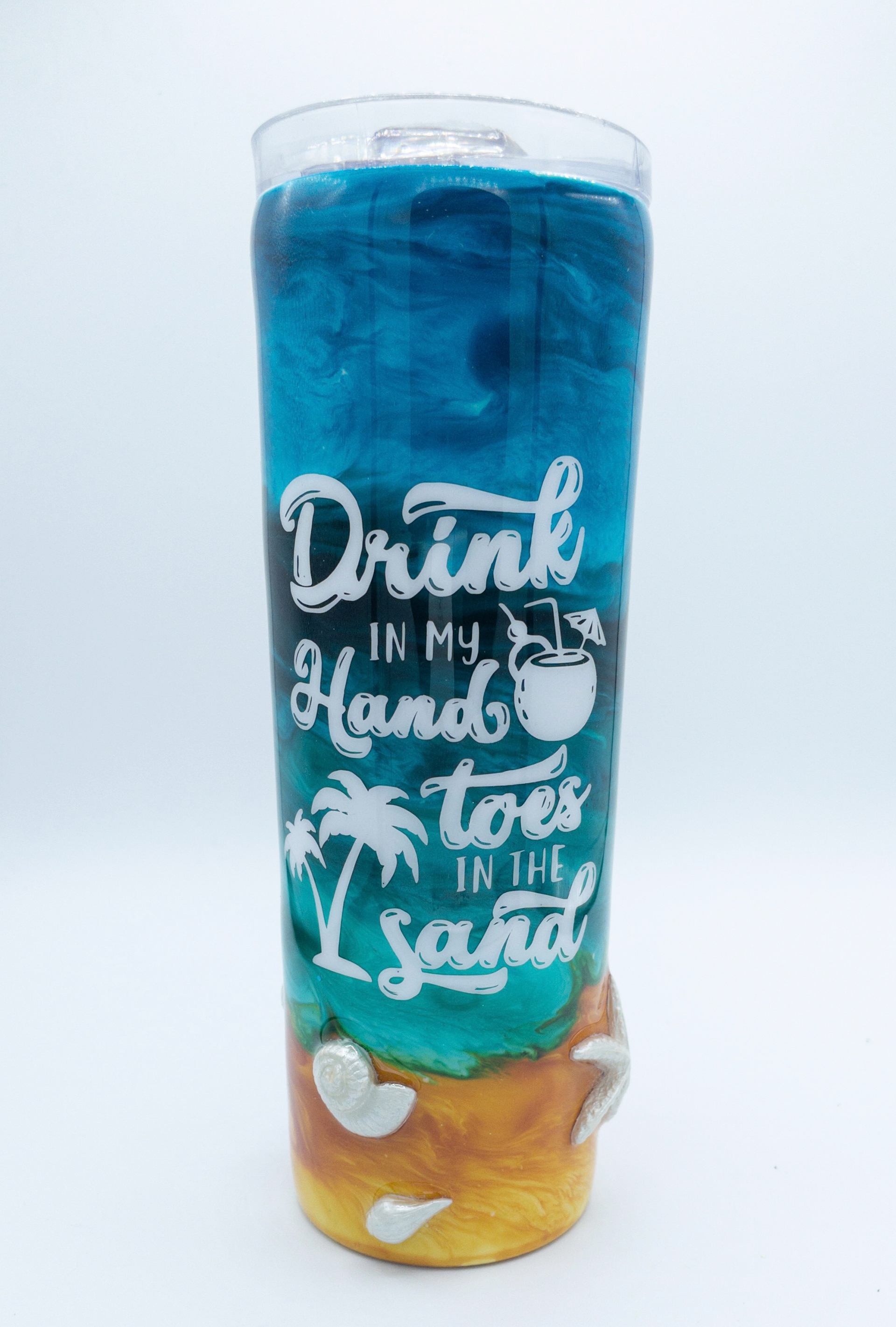 20oz Skinny Beach Tumbler with Seashells $40