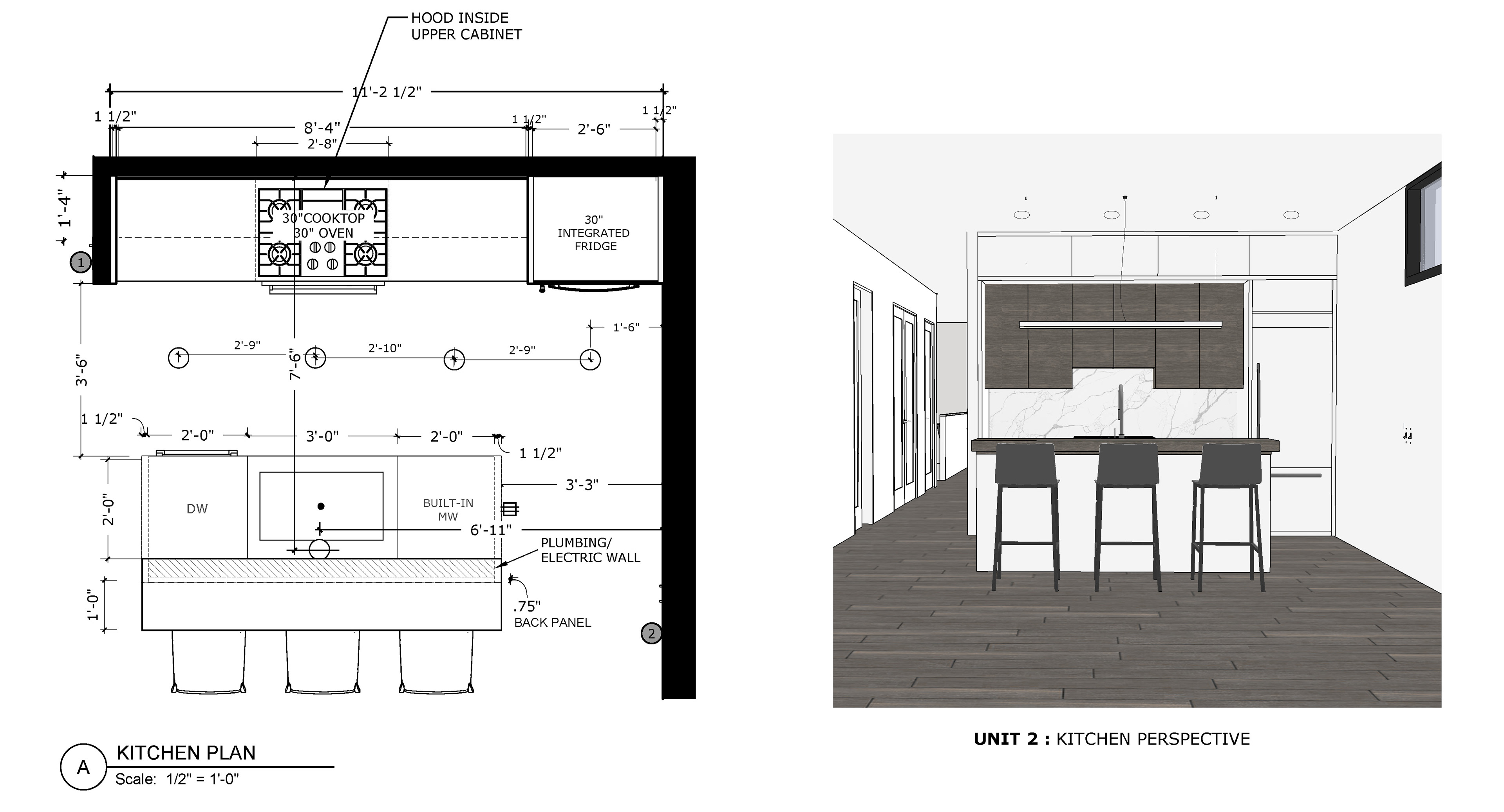 Unit 2 Kitchen Plan and Front Perspective