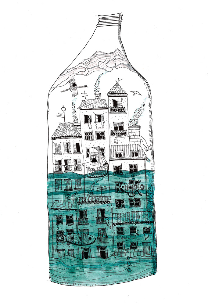 Desenho a nanquim de um frasco de vidro que guarda uma pequena cidade: em baixo, casario submerso em água turquesa; em cima, casas brancas com chaminés a fumegar e aves a voar.