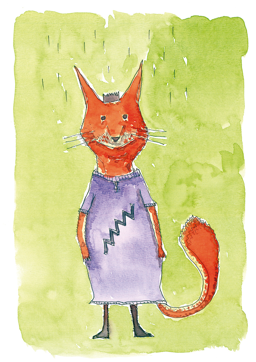 Aquarela de uma raposa em pé sobre duas patas, vestida com um vestido lilás com um raio bordado, sobre fundo verde.