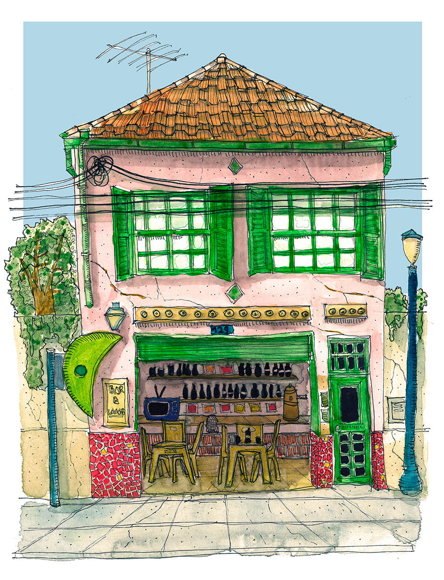 Aquarela de um botequim de esquina de fachada rosa e caixilhos verdes, com telhado de telhas alaranjadas, balcão de bebidas ao fundo e bancos amarelos.