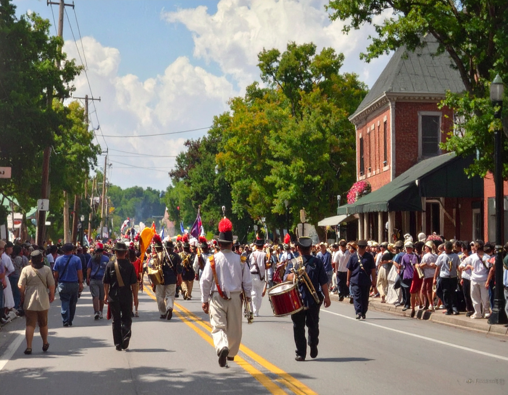 A maching band walking down Shadow Ridge's Main Street
