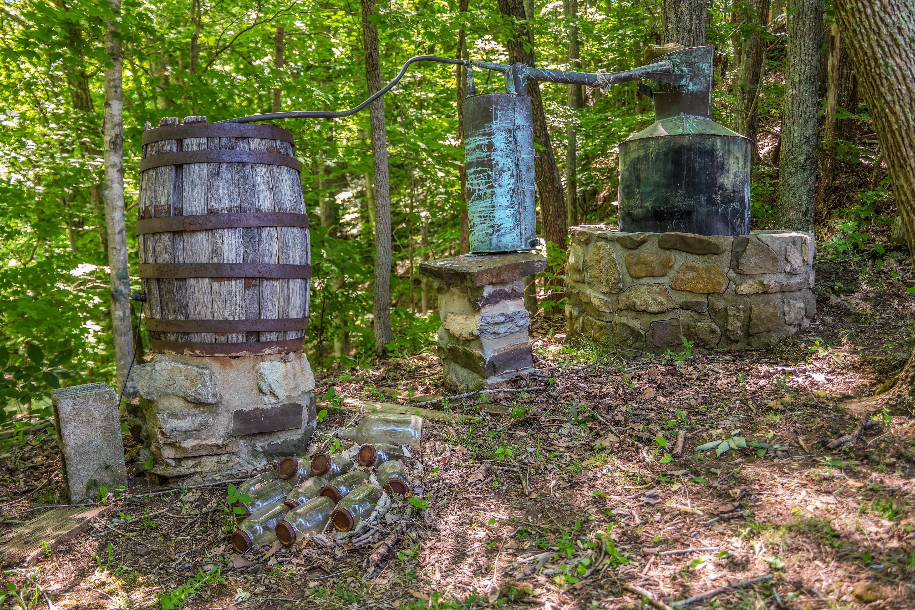A moonshine still out in the woods