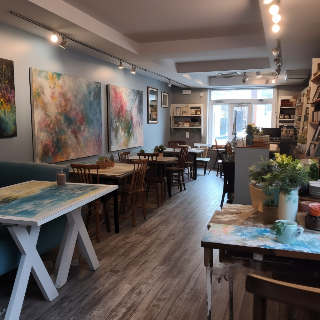 The interior of Paint and Beans Art and Coffee Shop in Shadow Ridge, Tennessee