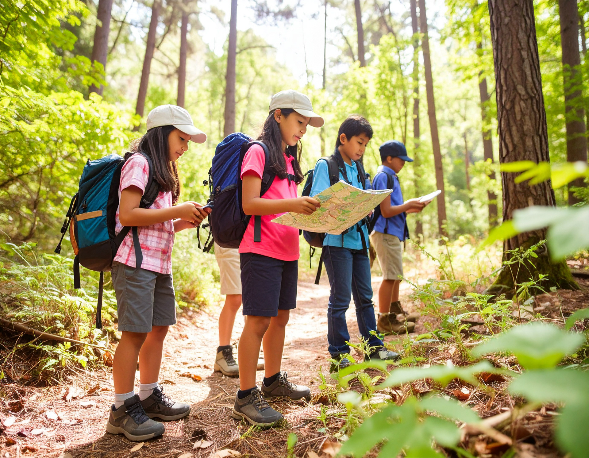 Children in the woods looking at a map
