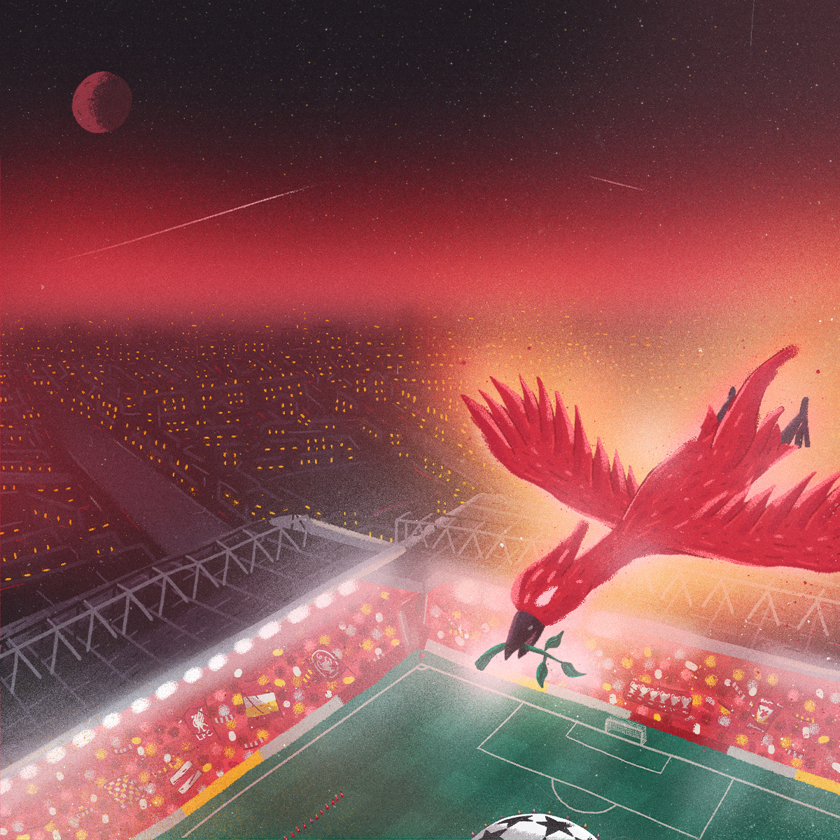 Liverbird above Anfield illustration (Liverpool)