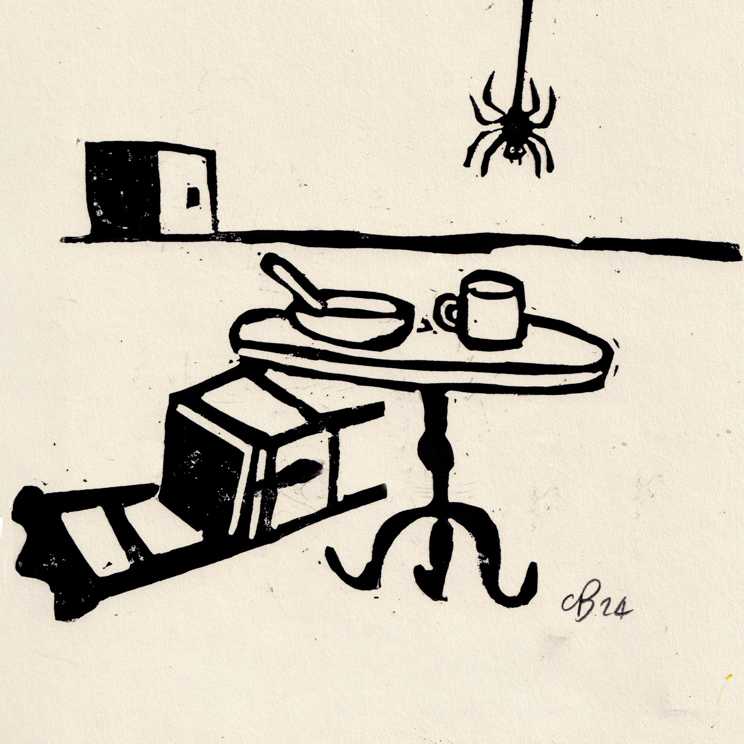 The Arachnophobes Breakfast- Linocut 2024
