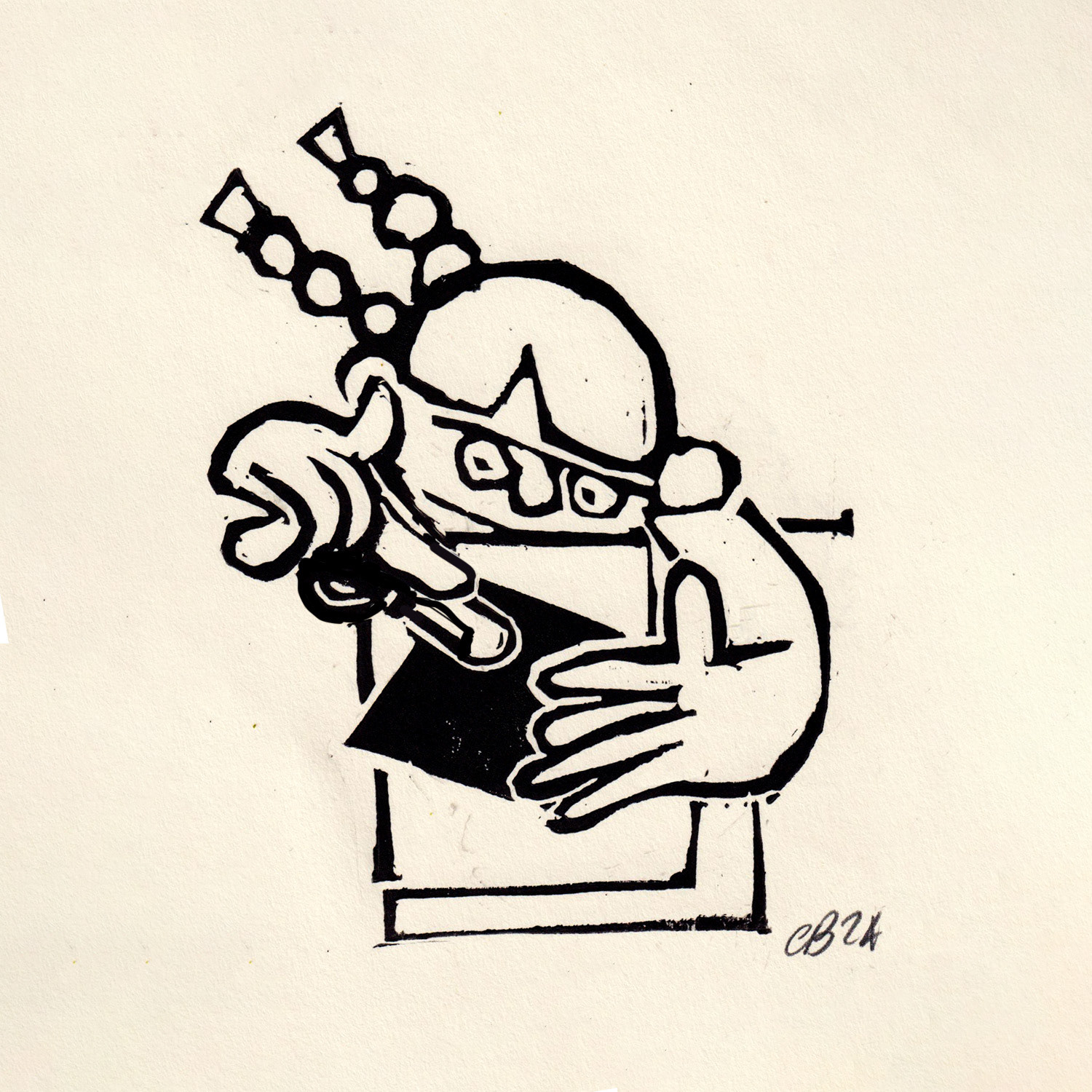 Self Portrait of the artists making a linocut