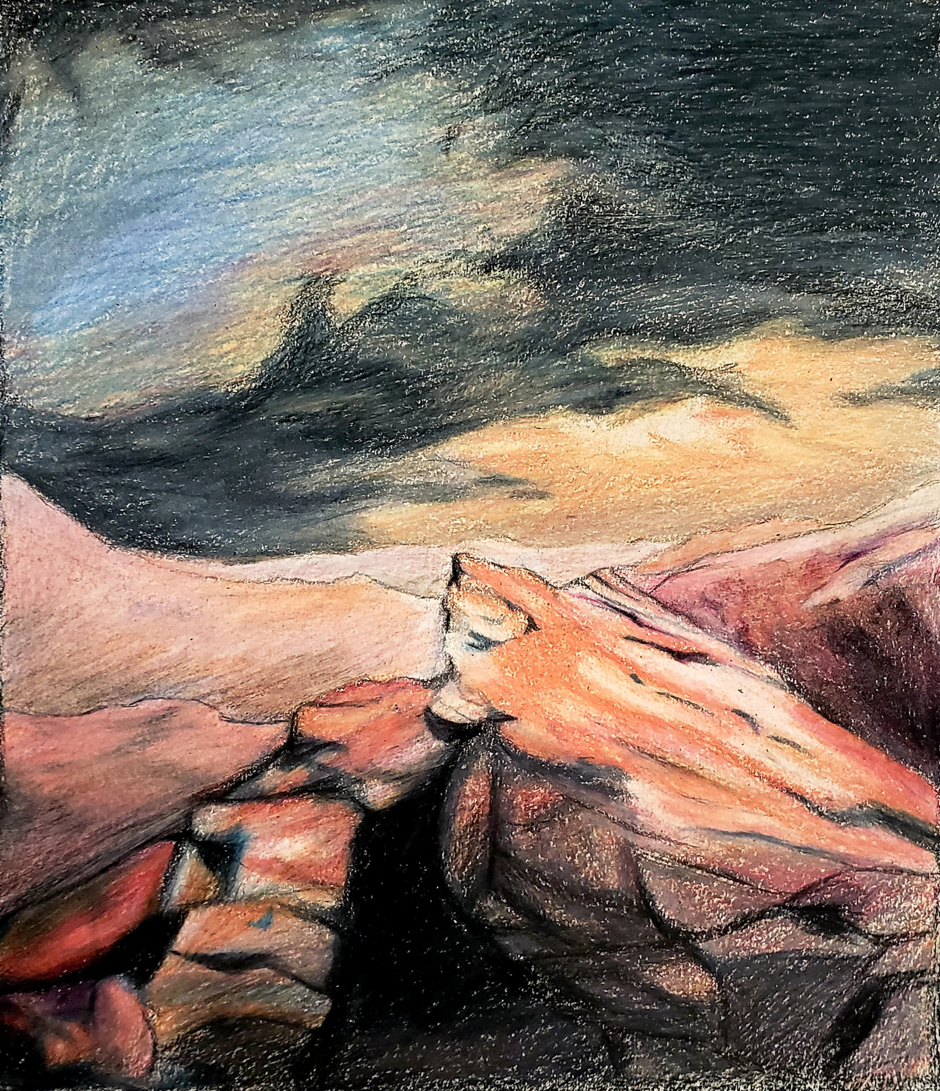 The rough colored pencil rendering draft of the piece to the left.