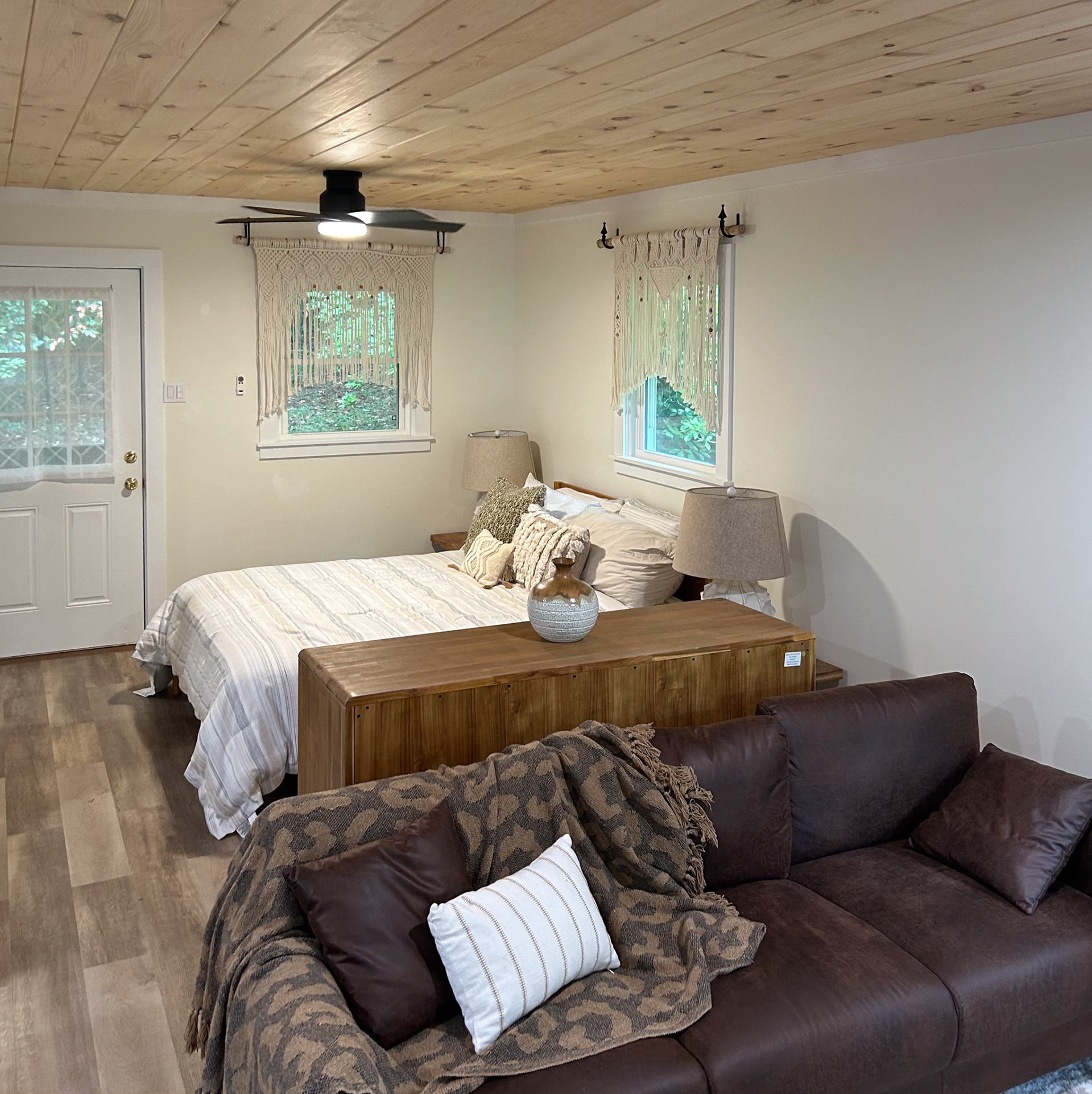 New hardwood floors and ceiling were added to create a quaint space.