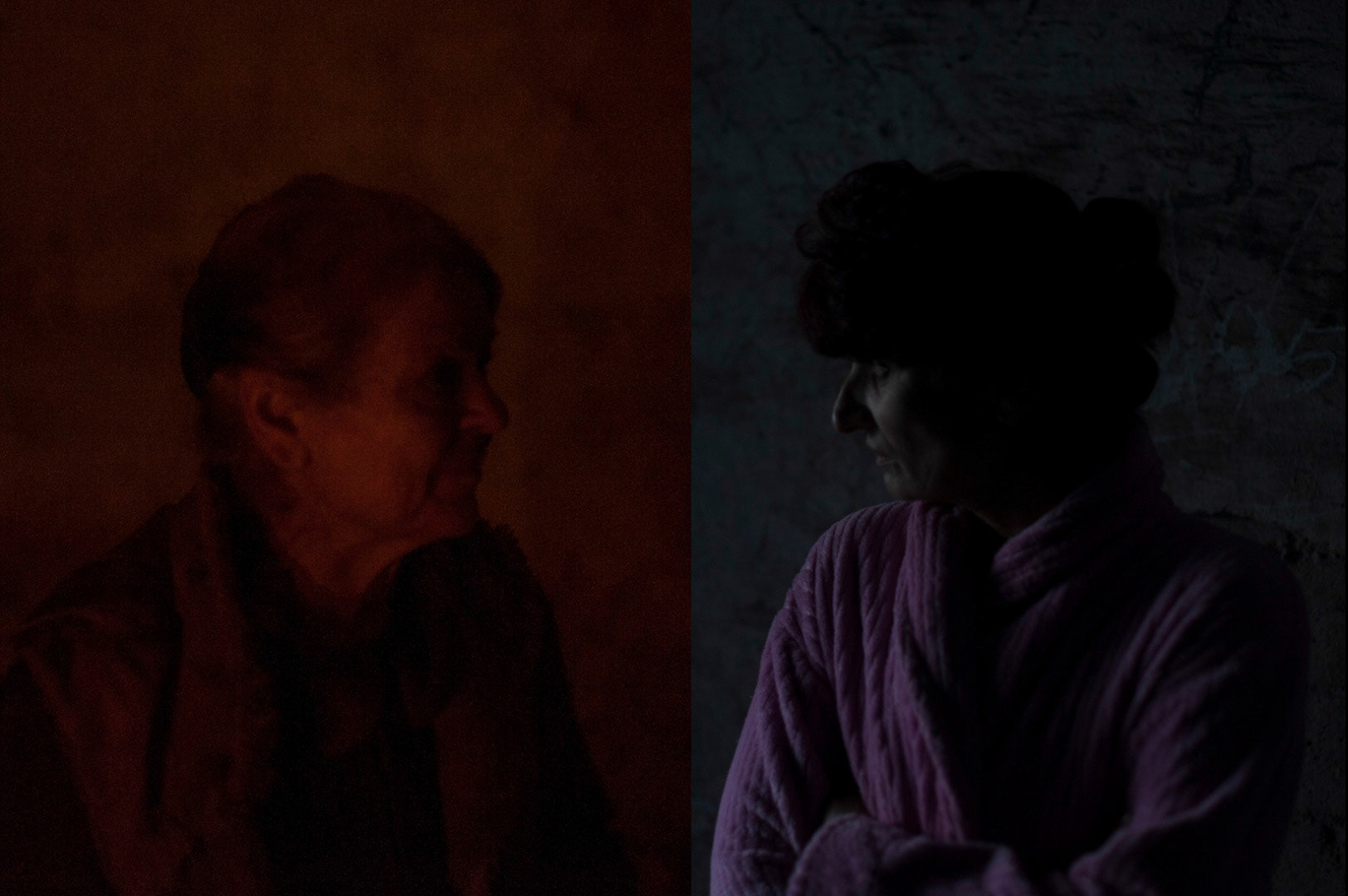 Left: Portrait of an elderly woman living for several months in the basement of a bombed hospital in Donetsk's Kievsky district.Right: Portrait of woman in a coal mine used as a bomb shelter in Petrovskiy district, outside Donetsk.