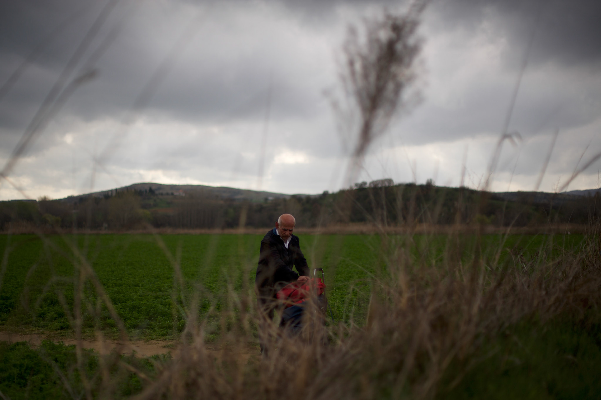 A Syrian-kurdish man walks through a field on his way towards the Greek-Macedonian border station of Idomeni, Greece.