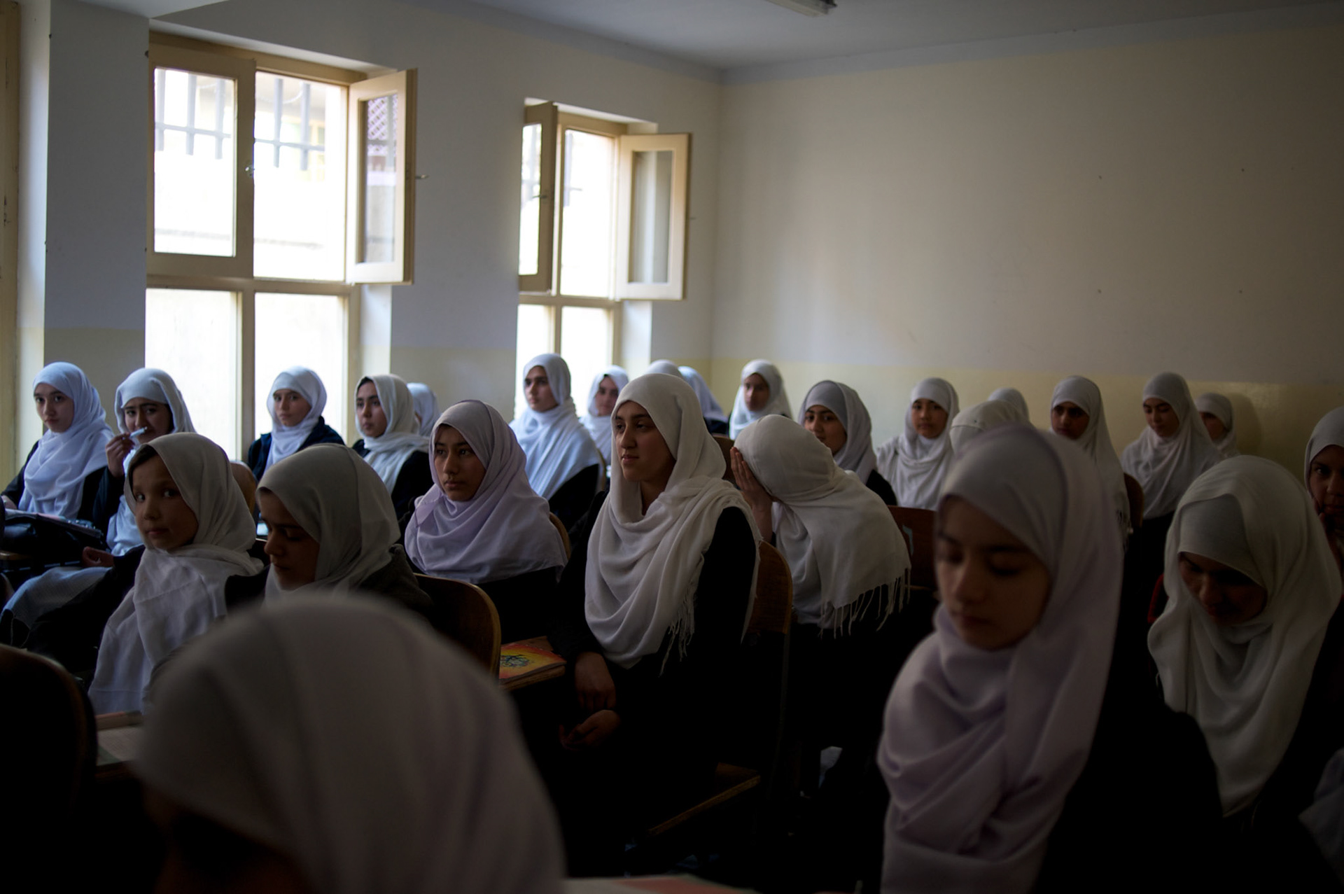 November 11, 2012 - Kabul, Afghanistan: Ninth grade female students attend geography classes at Shirino High School in Kabul...After decades without access to education under the Taliban regime, and despite the still existent social stigmas, female students make now 40 per cent of the over all students in the country. (Paulo Nunes dos Santos/Polaris)