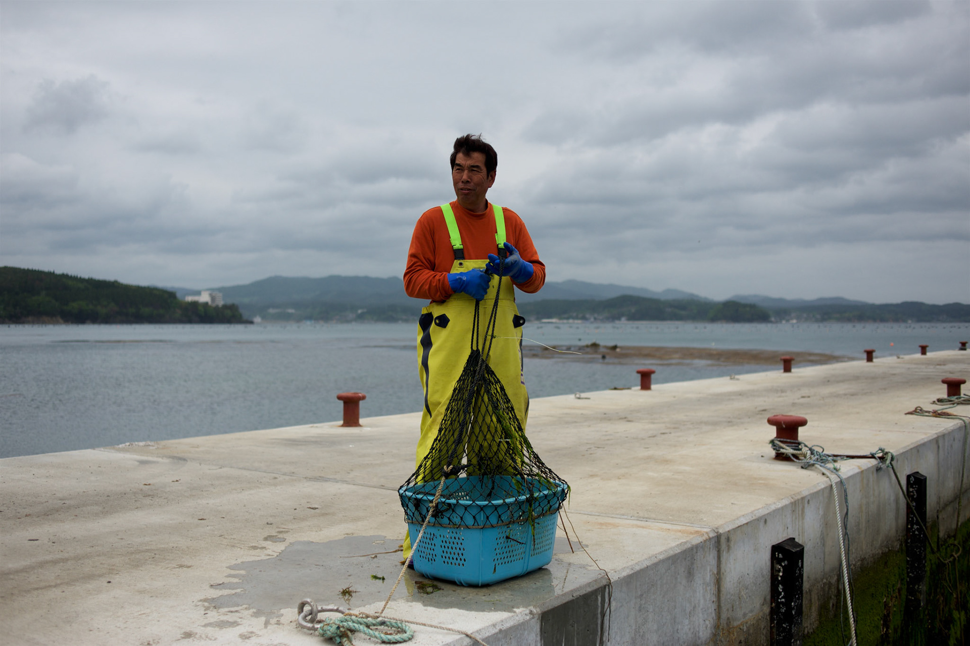 A fisherman collects a box full of fish from the waters beside a pier in Togura, Miyagi prefecture. Since the 2011's tsunami that struck over the coastal areas of Japan, the fishing community of Togura, devastated by the natural disaster, formed a cooperative where all the families work together using the only two remaining boats in the whole village.