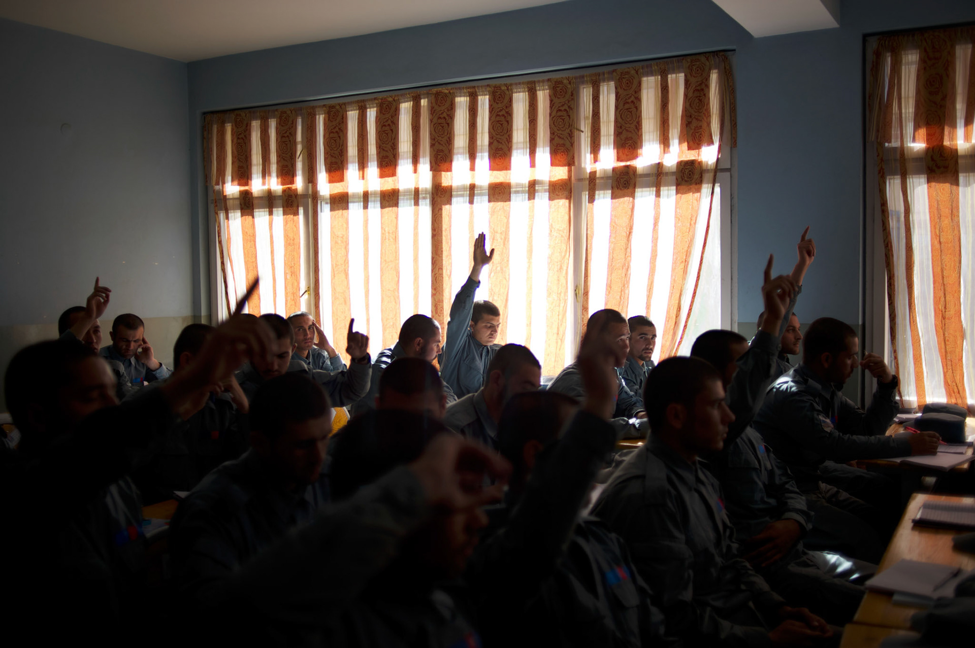 Afghan National Police (ANP) cadets receive theory classes at the Afghan Nacional Police Academy in Kabul.
