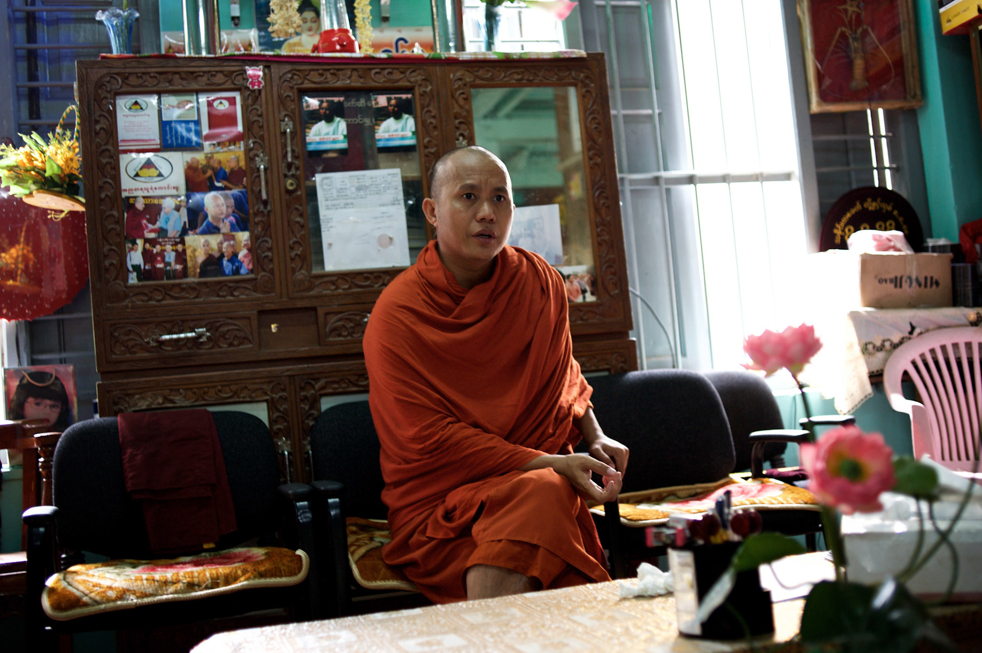 May 14, 2013 - Mandalay, Myanmar: Ashin Wirathu, the buddhist monk leader of Burma's anti-Muslim movement 969 group, at his office in Mosayein Monastery in central Mandalay. Wirathu, who was jailed in 2003 for inciting religious hatred, refers to himself as "the Burmese Bin Laden". CREDIT: Paulo Nunes dos Santos