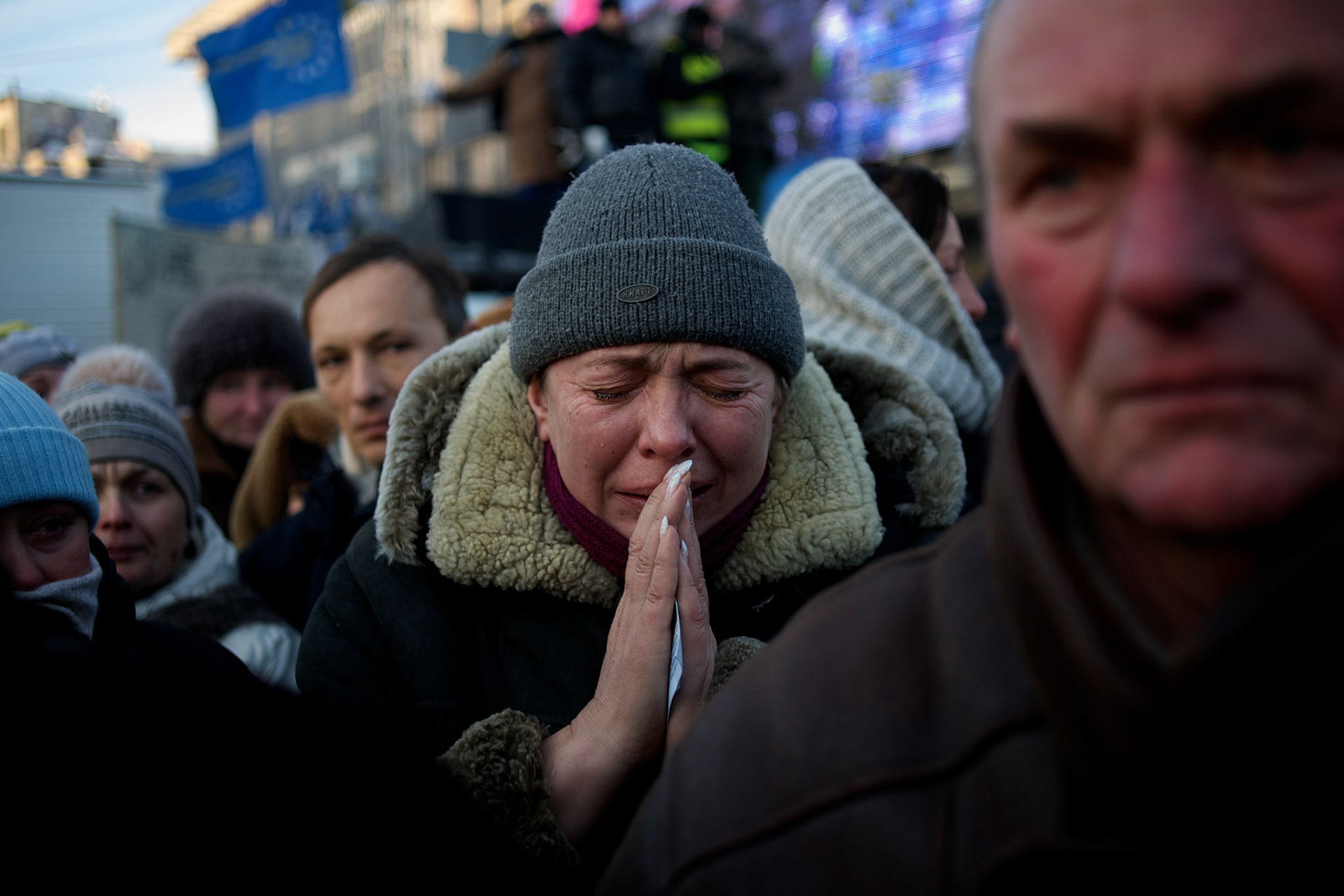 January 26, 2014 - Kiev, Ukraine: Thousands in Kiev mourn a protester shot dead during clashes with the Ukrainian riot police in Kiev, early in the week.An emotional crowd packed Saint Michael's Cathedral and spilled into a square outside to pay their last respects to 25-year-old Mikhail Zhiznevsky, with many waving Ukrainian flags with black ribbons. (Paulo Nunes dos Santos)