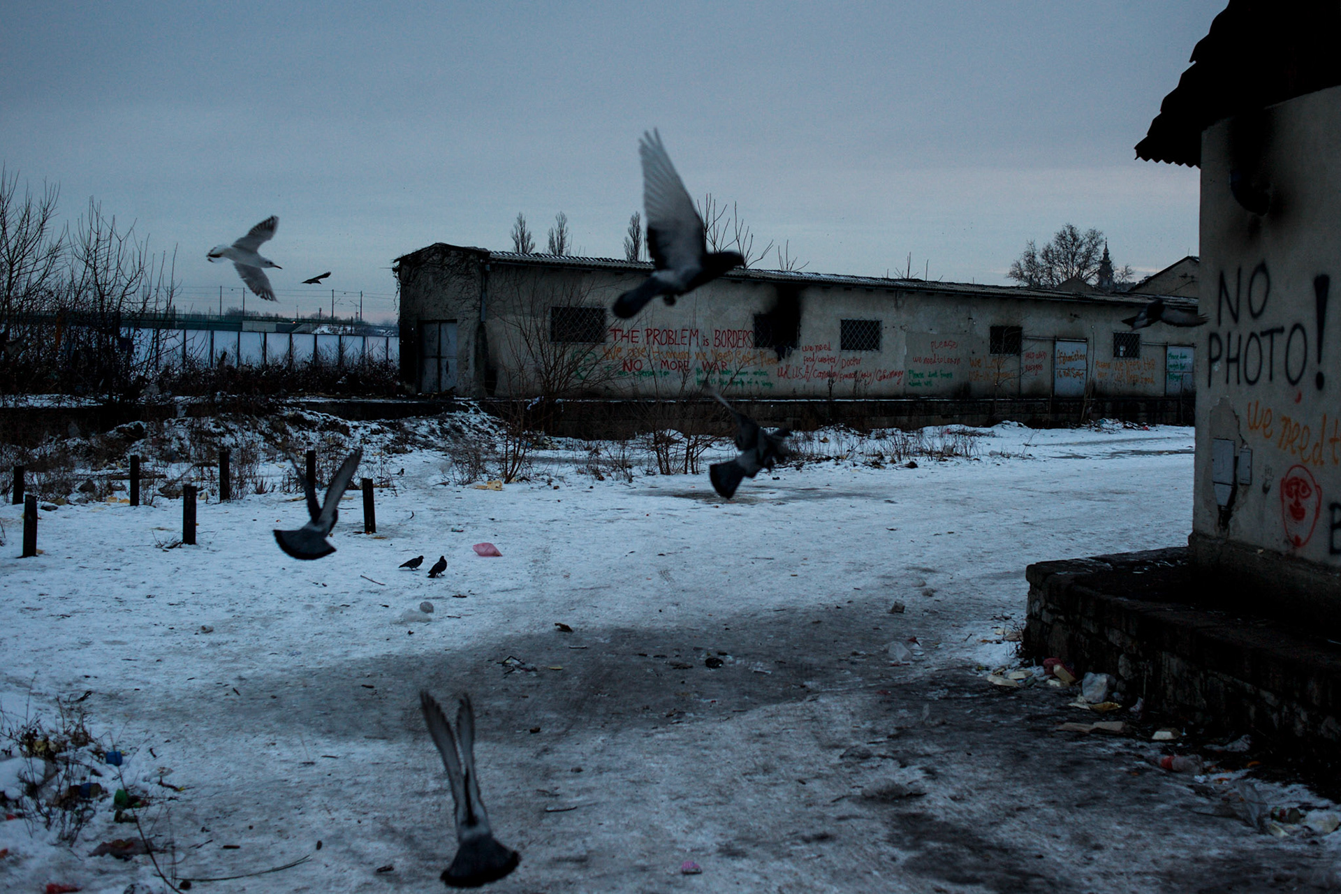 View of the abandoned warehouses in central Belgrade, used in recent months as shelter for hundreds of migrants en route to Western Europe.