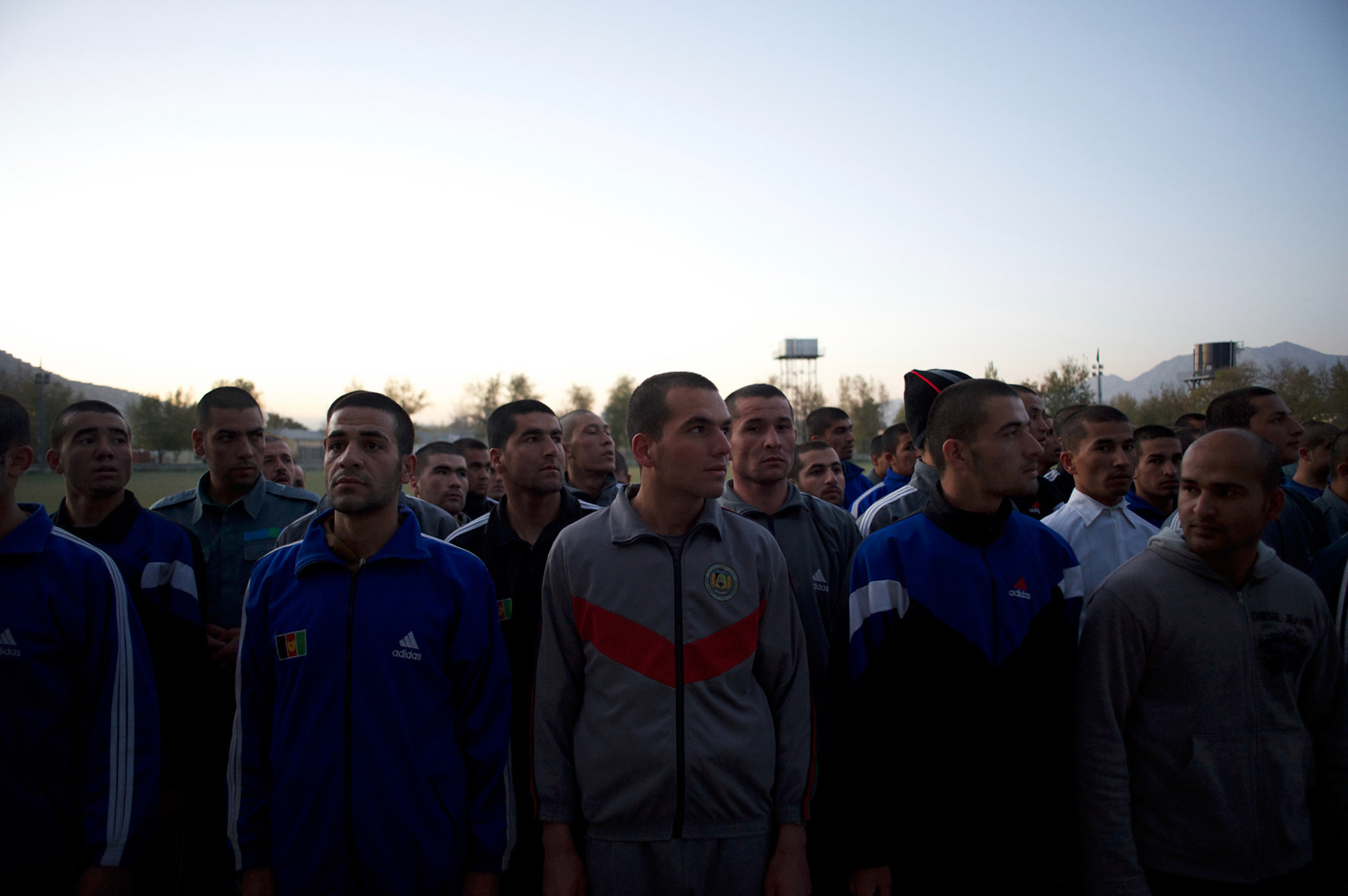 Afghan National Police (ANP) cadets line up for morning exercise at the Afghan Nacional Police Academy in Kabul.