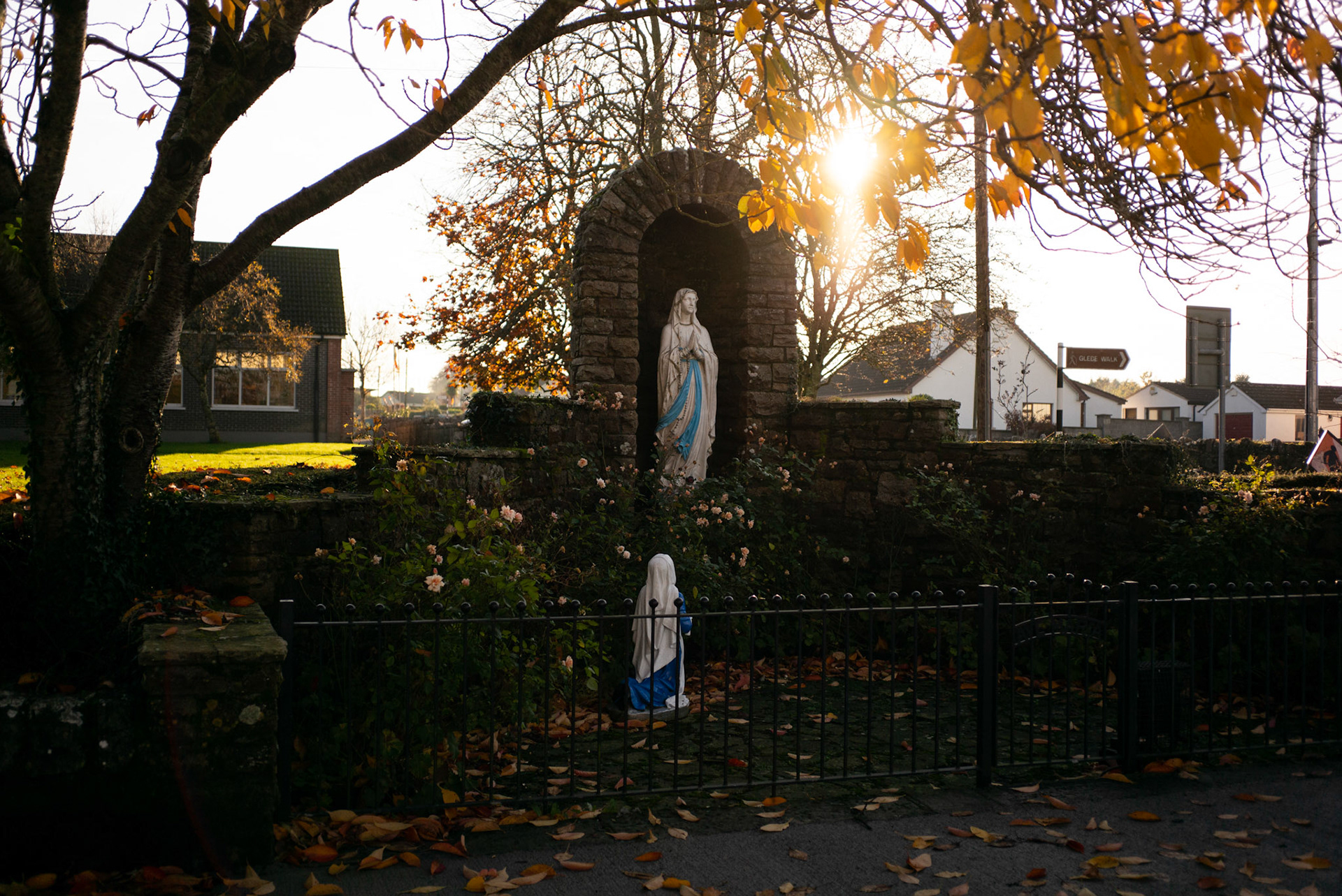 GEASHILL, IRELAND - NOVEMBER 14, 2021: A Virgin Mary grotto in Geashill, a small village in County Offaly, Ireland. In this deeply religious part of the country, many look for traditional faith healers to receive treatment for various ailments. Faith healers have been around since antiquity and many Irish believe that certain people have God-given gifts to cure diseases. According to old Irish folklore, the seventh son of a seventh son has special healing powers, however, others get ‘the cure’ passed on to them by a parent or an older relative. CREDIT: Paulo Nunes dos Santos for The New York Times