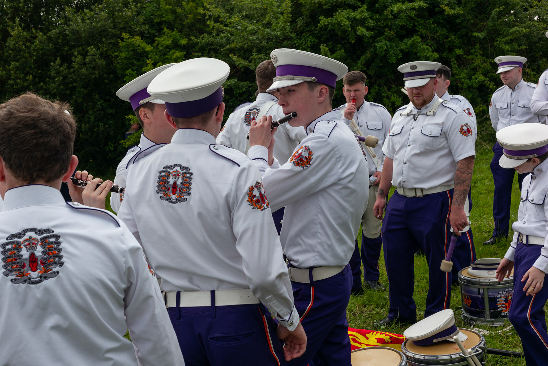 Members of a flute band practicing ahead of the annual Orange Order parade at Rossnowlagh Beach in Co. Donegal, Ireland, on July 06, 2024. Around 50 Orange lodges from Ireland and across Northern Ireland paraded down a country lane towards the seaside village of Rossnowlagh on Saturday, the only annual Orange Order parade in the Republic of Ireland. Thousands of people have attended the annual Orange Order parade which traditionally takes place on the Saturday before the main Twelfth demonstrations in Northern Ireland.