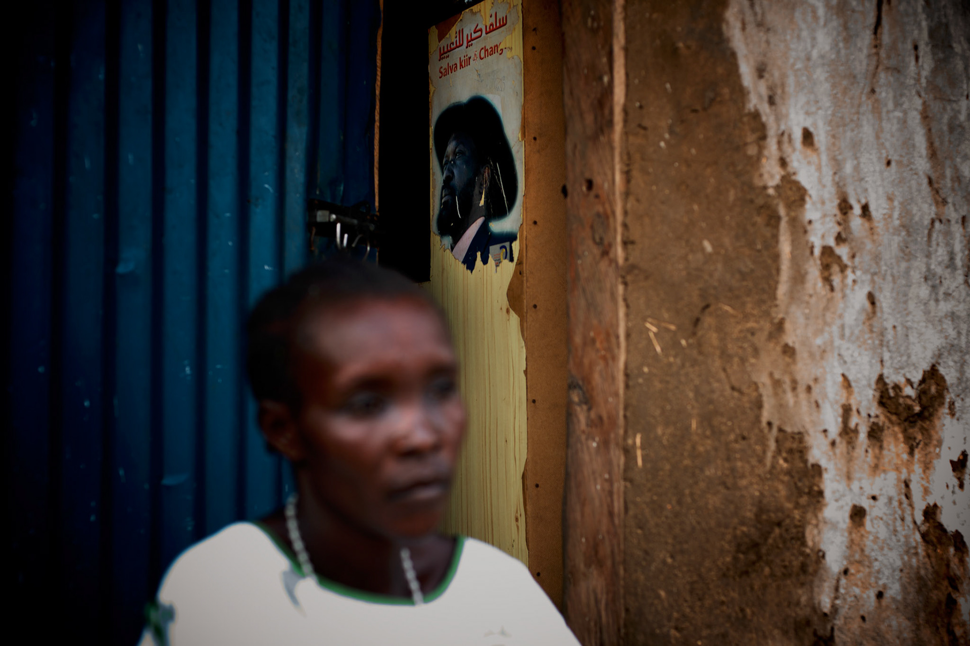 A picture of South Sudan President Salva Kirr is seen in a door of a house in a neighbourhood of Juba, the capital city of South Sudan.
