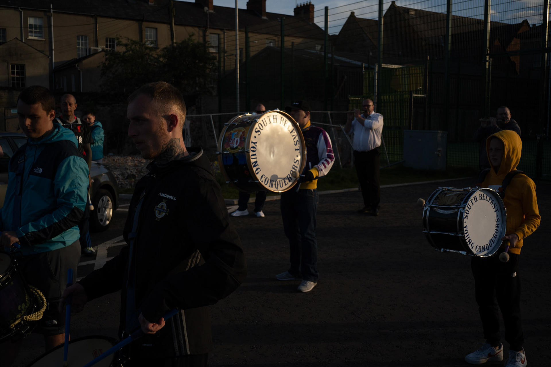 Members of the South Belfast Young Conquerors Flute Band during practice in Donegall Pass, a predominantly working-class loyalist community in inner-city Belfast, Northern Ireland, on May 13, 2021.