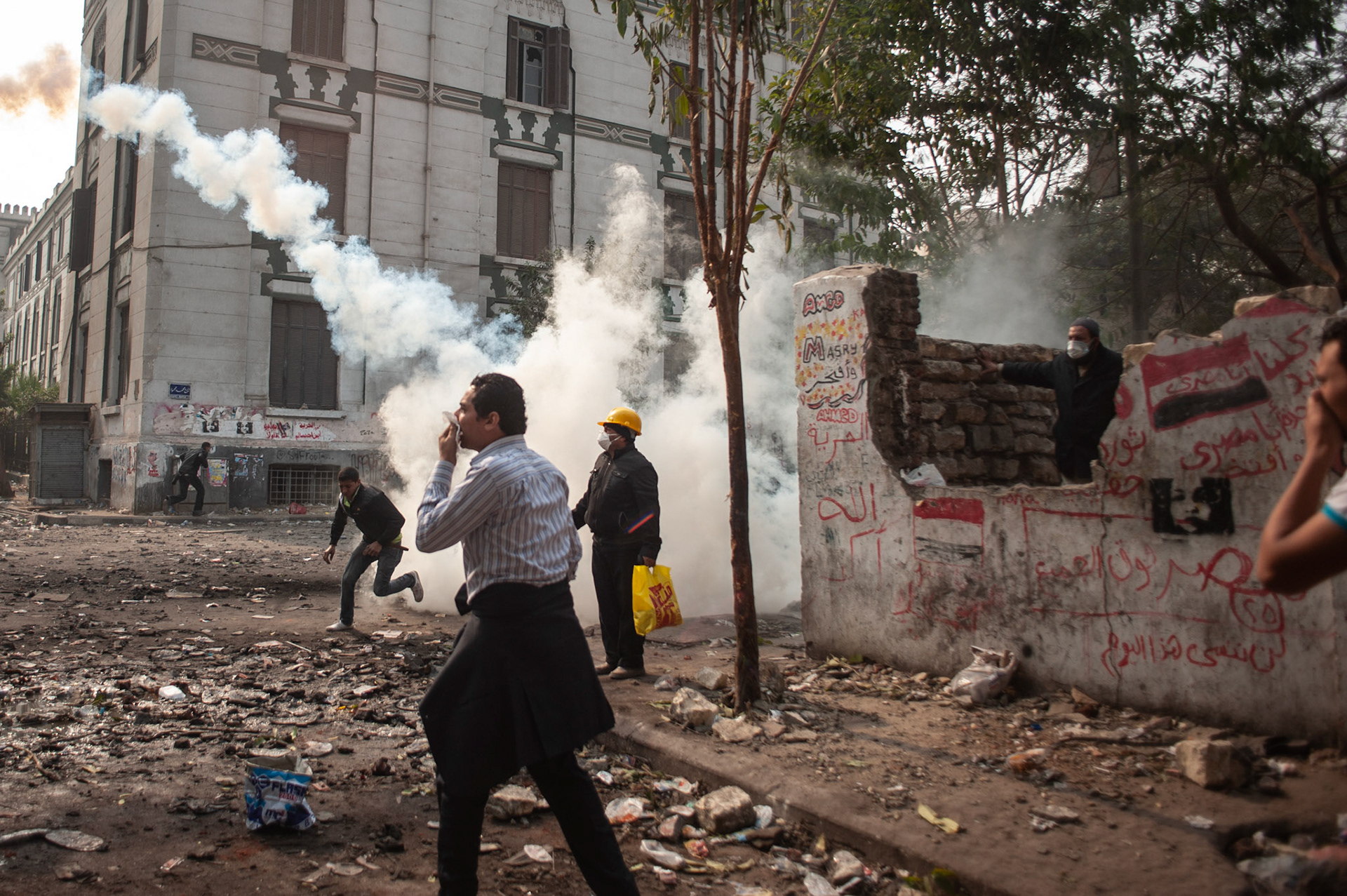 Egyptian protestors clash with the police in central Cairo.